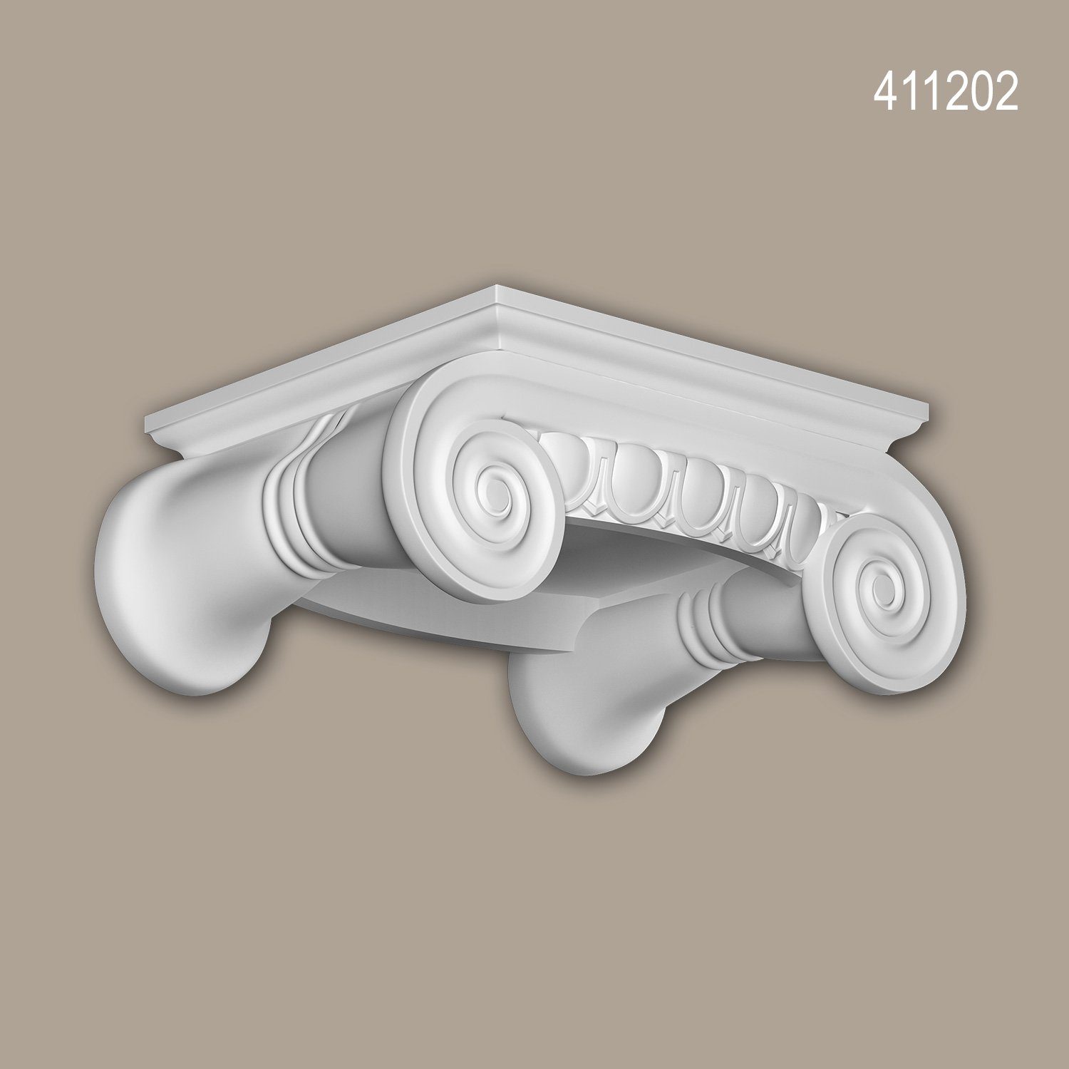 Profhome Wanddekoobjekt 411202 (Vollsäulen Kapitell, 1 St., Fassadenstuck, Säule, Zierelement, Außenstuck), weiß, vorgrundiert, für Fassadendekoration, Stil: Ionisch