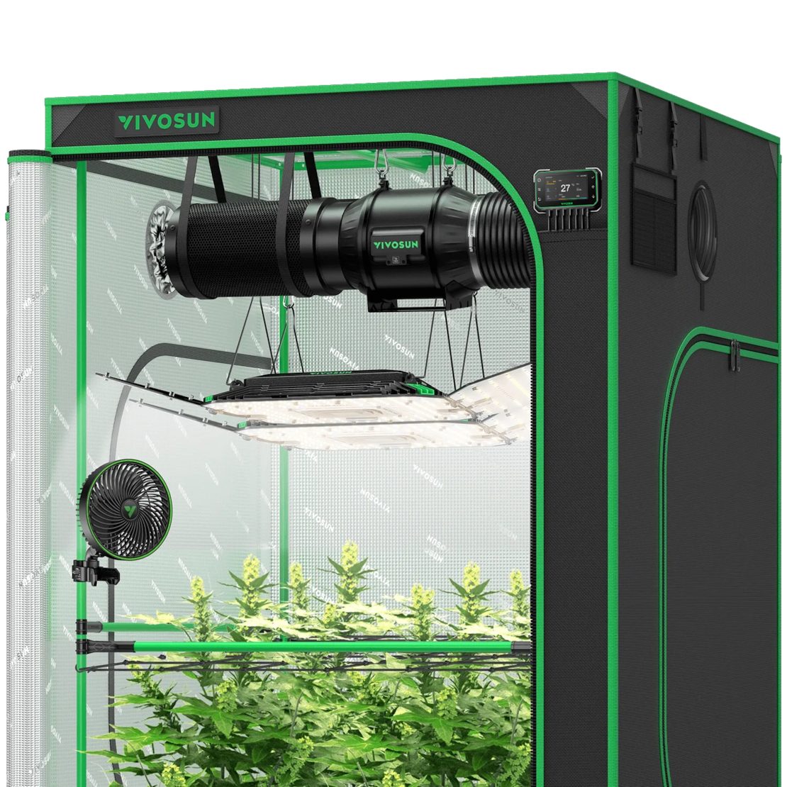 VIVOSUN Gewächshaus VIVOSUN Growbox Komplettset PRO, BxTxH: 120 x 120 x 200 cm, Komplettset inkl. Beleuchtung, Belüftung und WiFi Steuerung, 2x AeroLight Wing 200W LED, T6 Abluftsystem und E42A+ Controller