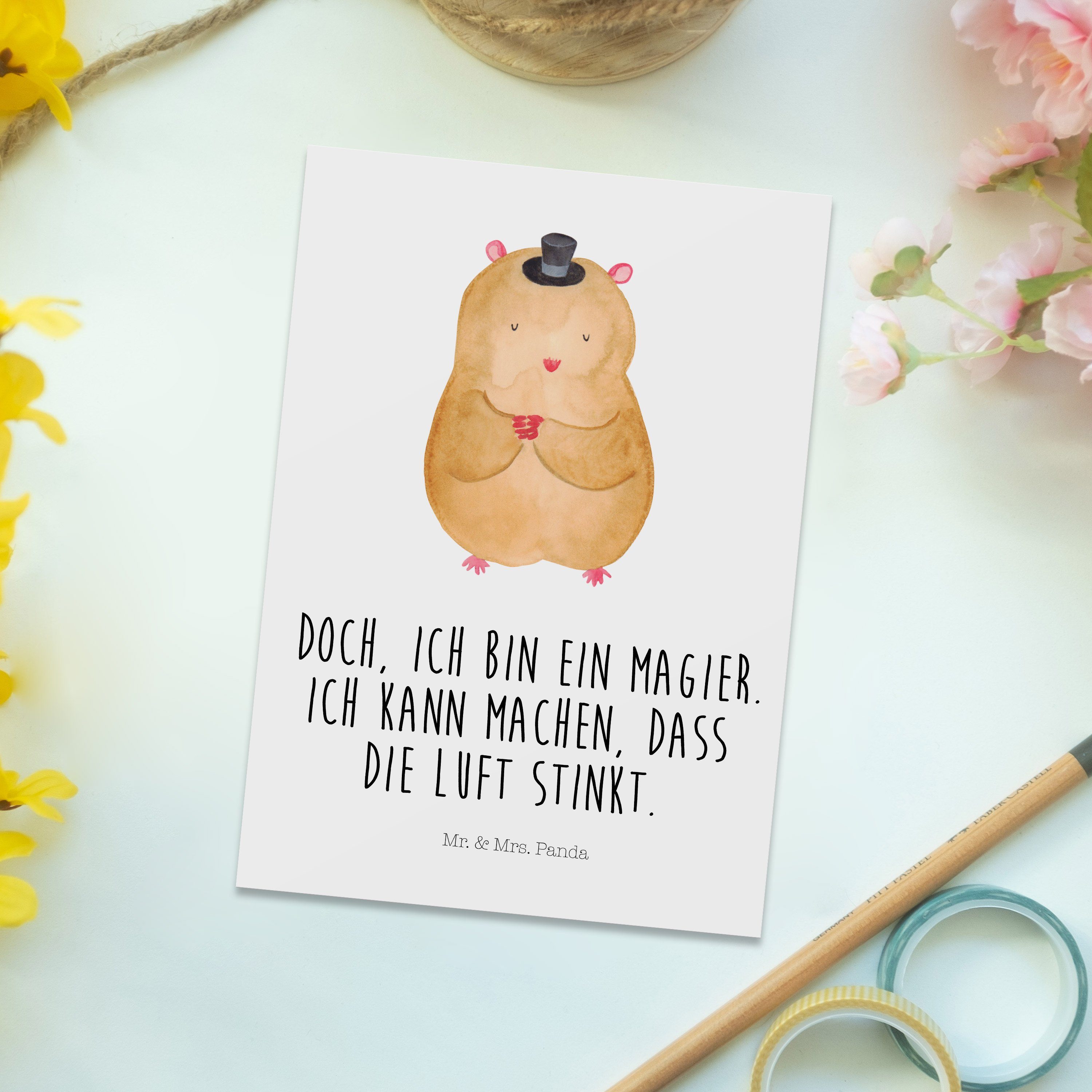 - Hut - Postkarte Geschenkkarte, Kar Panda mit Geschenk, Tiere, Houdini, Mr. Hamster Weiß & Mrs.