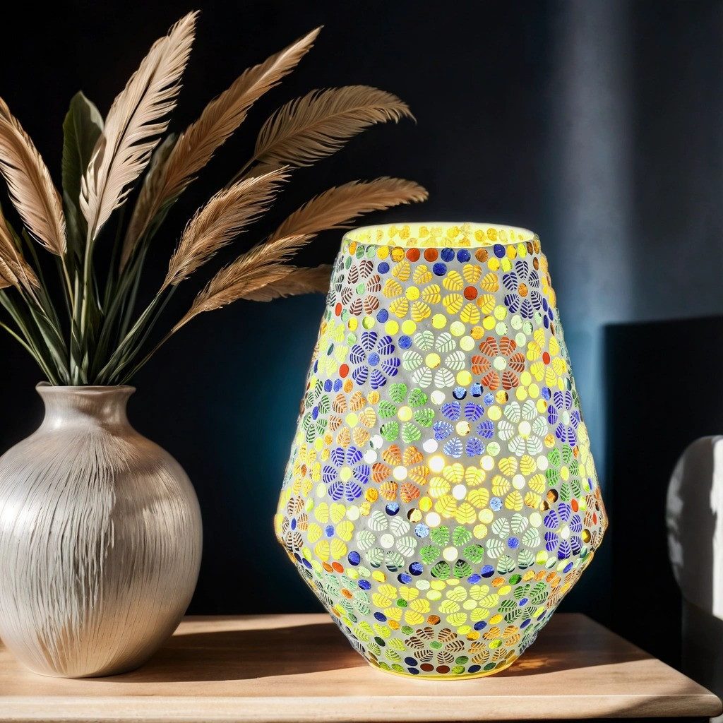 Marrakesch Orient & Mediterran Interior Nachttischlampe 2er Set Boho Deko tischlampe Nachtischlampe aus Glas Mosaik Fikus -3-, Handarbeit