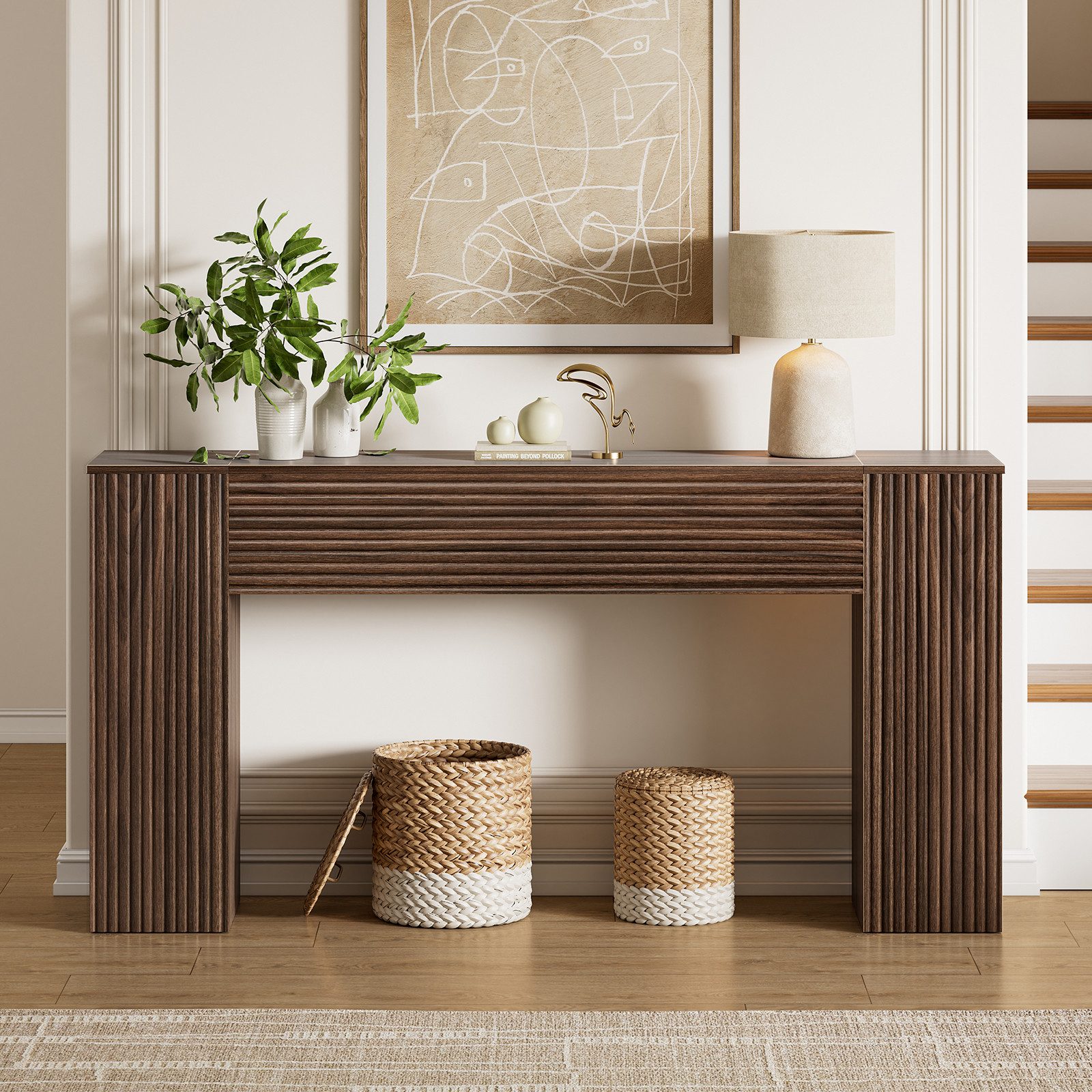 FABATO Beistelltisch 155 cm gewellte Konsole mit 2 versteckten Stauraumfächern (1-St), Einstiegs- & Flurtisch für Wohnzimmer, Diele oder Foyer – Bild 3 von 5