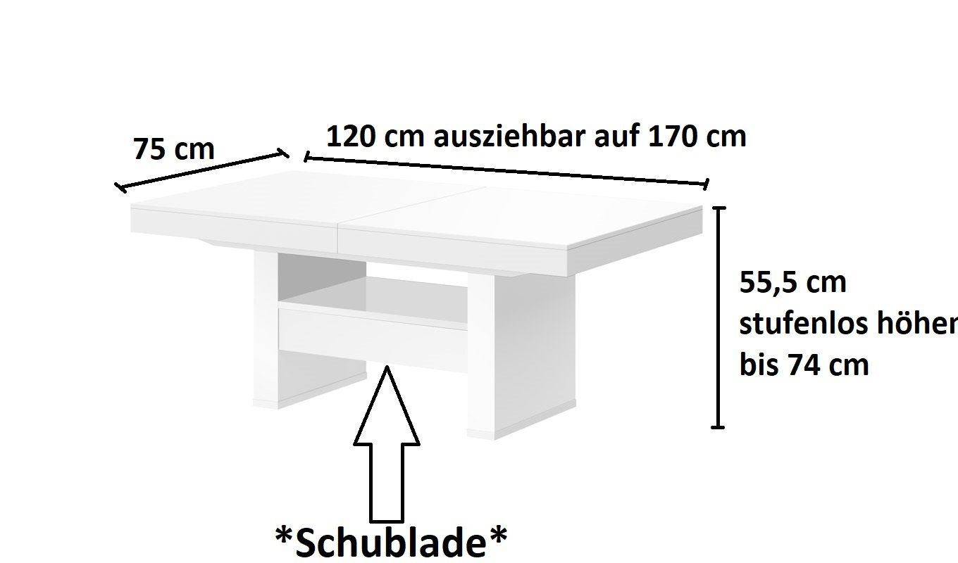 HLU-111 designimpex höhenverstellbar ausziehbar Esstisch Weiß Schublade Couchtisch Hochglanz