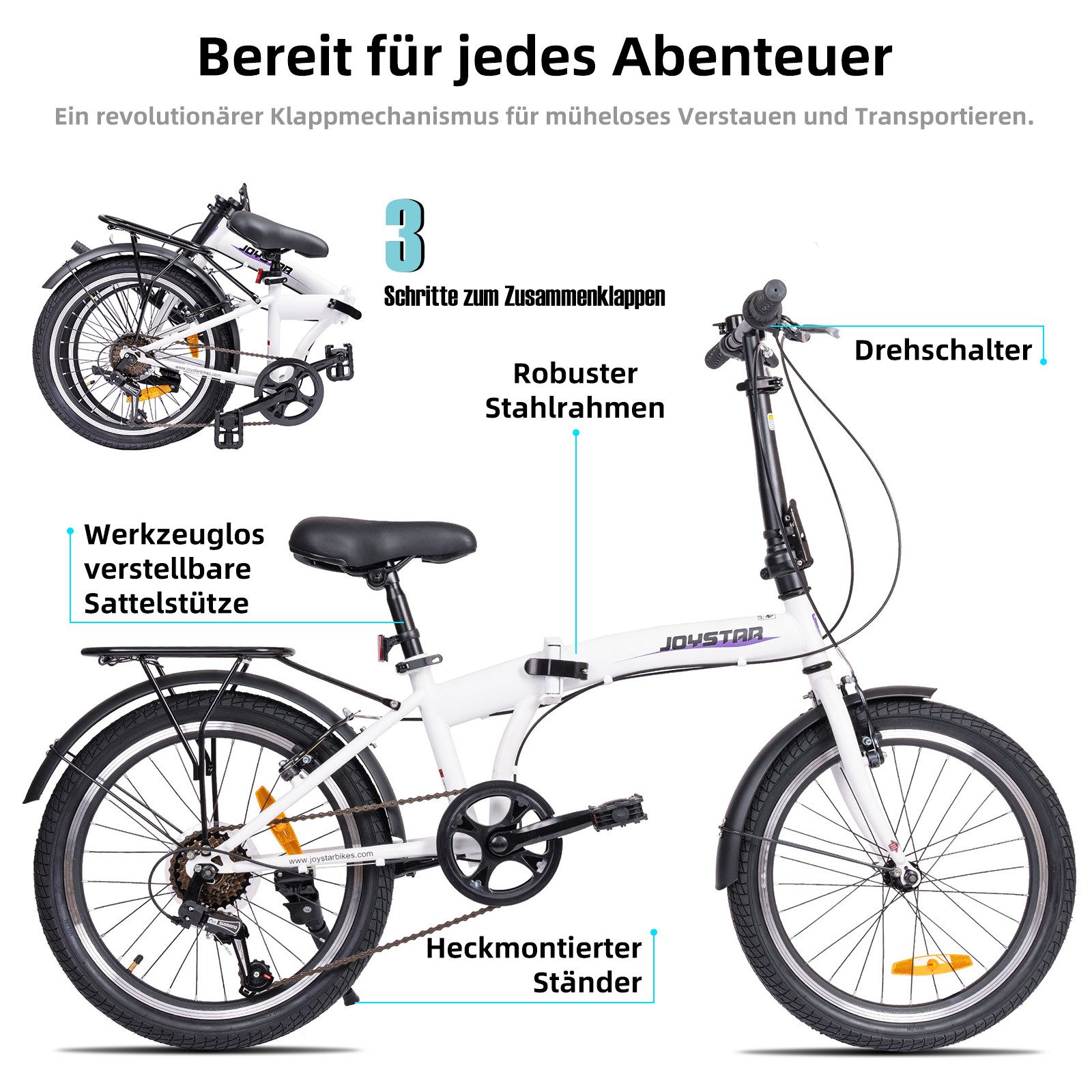 JOYSTAR Klapprad 20 Zoll leicht und praktisch Klappfahrrad für Erwachsene und Studenten, 20-Zoll-Rad mit 6-Gang-Schaltung, Doppel-V-Bremsen und leichtem Rahmen
