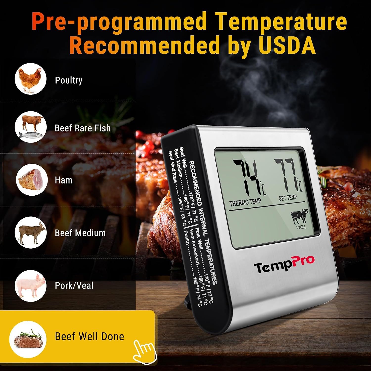 ThermoPro Grillthermometer TP16, Grillthermometer mit Sonde, Timer, Alarm, bis 300 °C, LCD