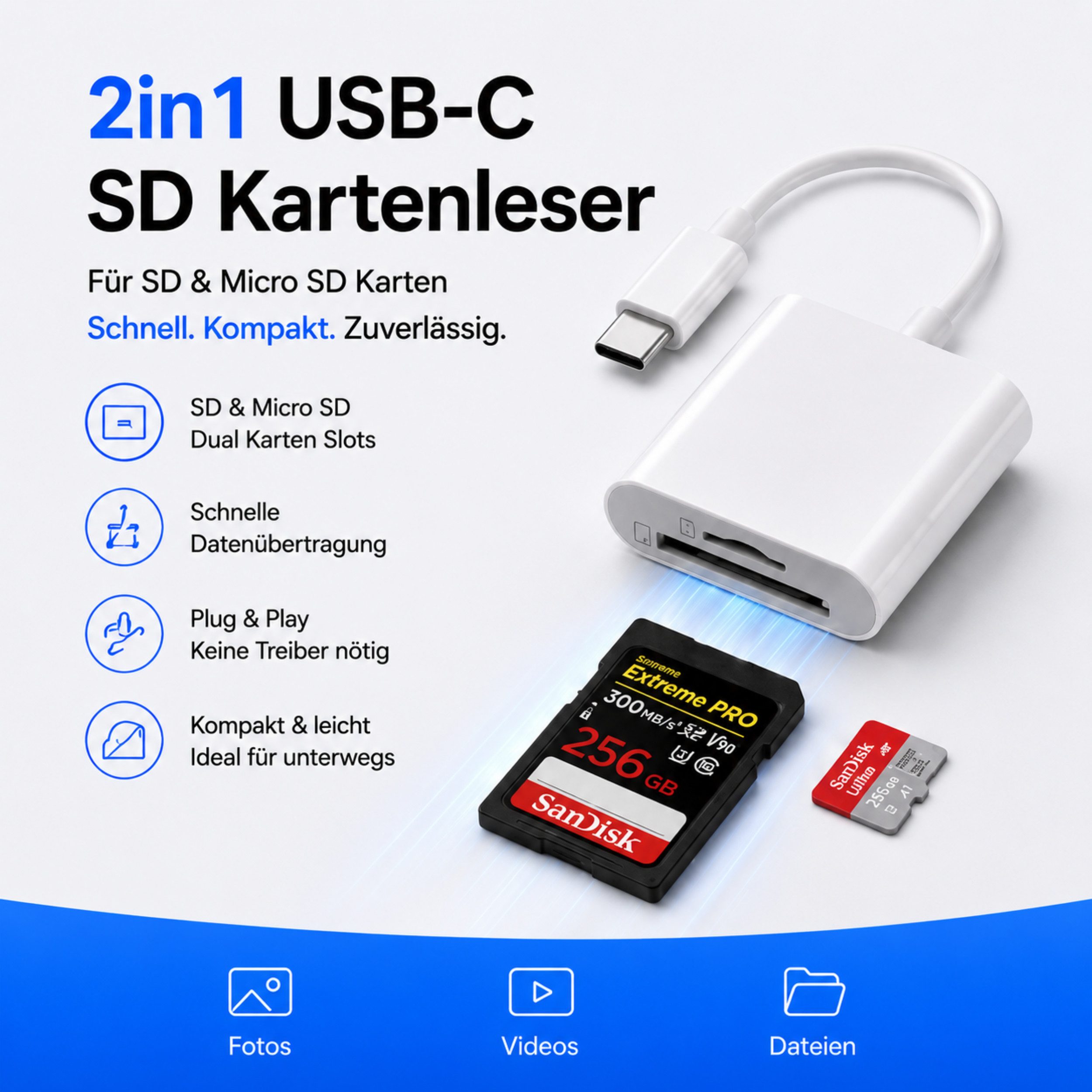 PlugUp Speicherkartenleser SD-Kartenleser 2 in 1 Speicherkartenleser SD- & microSD Card Reader, SD- & microSD Kartenleser für Windows, Linux, Apple, Android & macOS