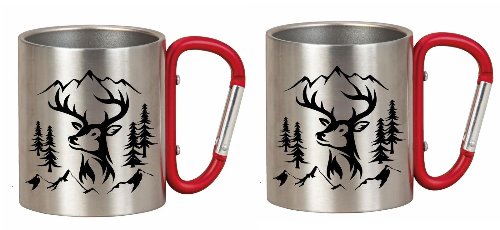Geschenkestadl Becher 2 Metallbecher mit Karabiner, Camping, Wanderbecher mehrere Designs, Karabinerhaken Karabinergriff