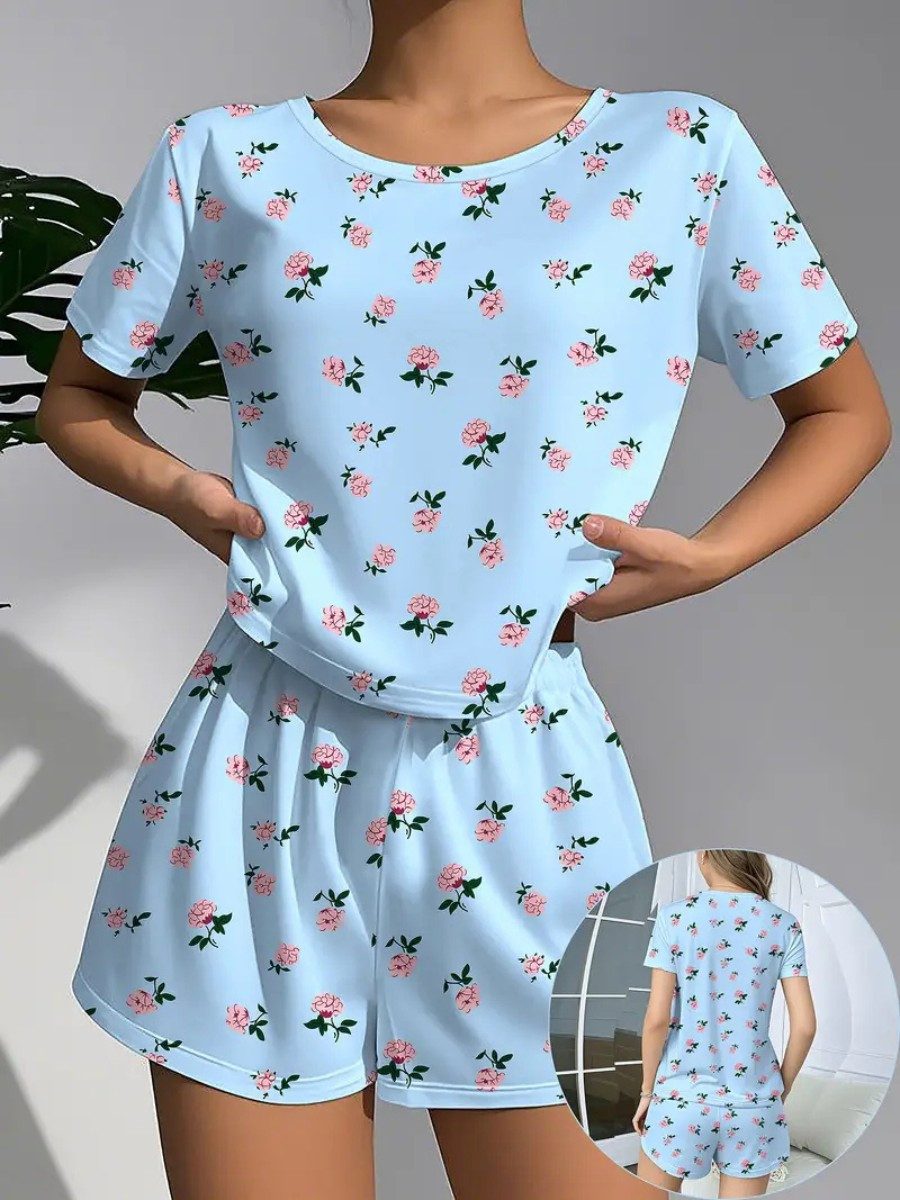 Elegant Love Shorty Damen-Schlafanzug-Set – Lässige Homewear mit floralem Blumenmotiv (Set, 2 tlg., Weiches Oberteil mit kurzen Ärmeln und elastischen Shorts) Elegante Nachtwäsche & komfortable Loungewear mit Blumenmuster