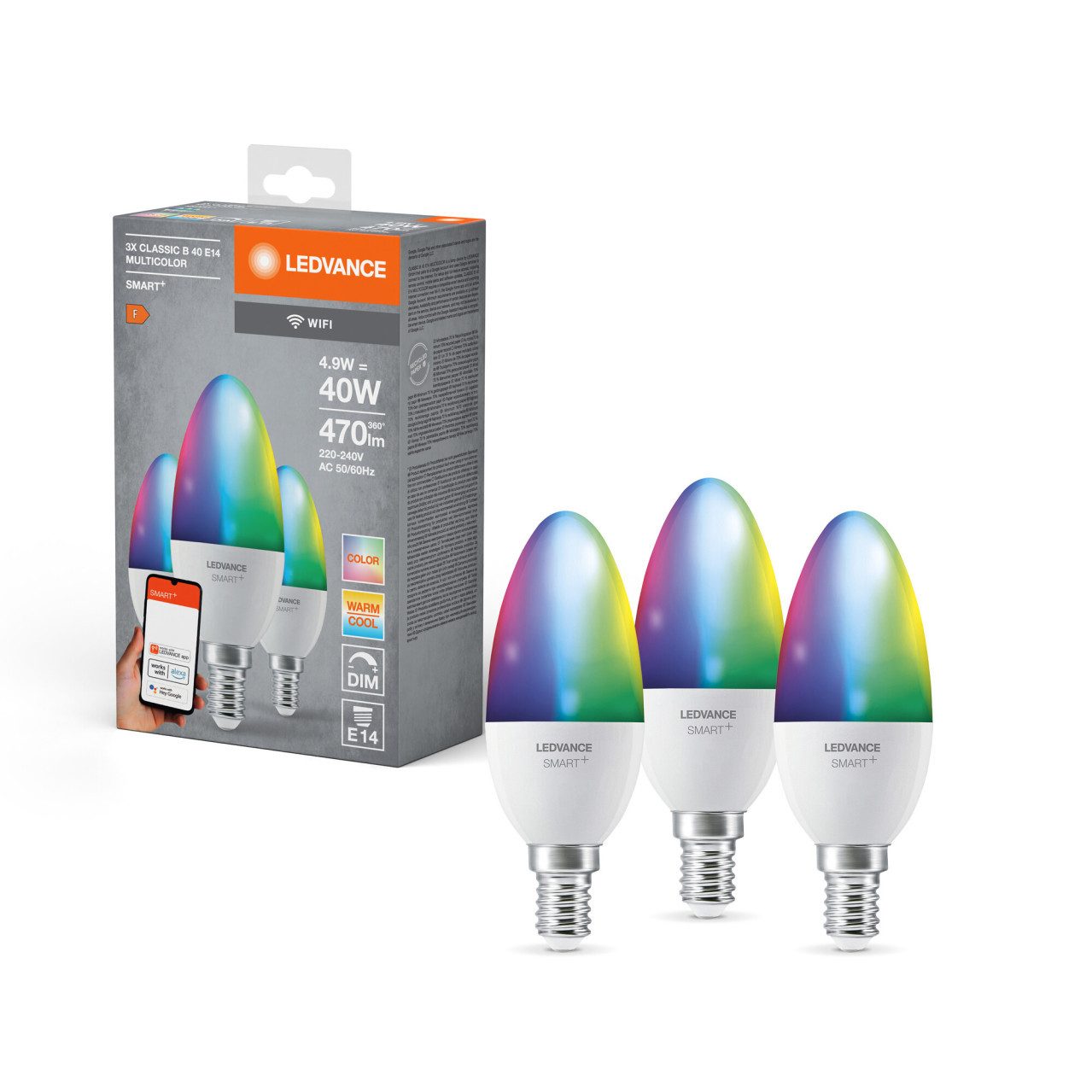 Ledvance LED-Leuchtmittel Ledvance Smart+ LED Kerzenlampe E14 4,9 W RGBW 3er, Dimmbar Smart Home-fähig