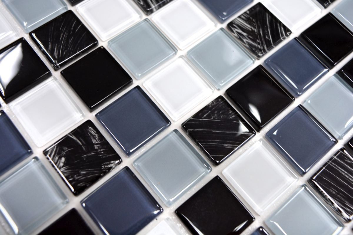 Mosani Mosaikfliesen 10 St. selbst­kle­bende Glasmosaik Wandfliesen schwarz weiss grau, Set, 10-teilig 0,9m², Spritzwasserbereich geeignet, Küchenrückwand Spritzschutz