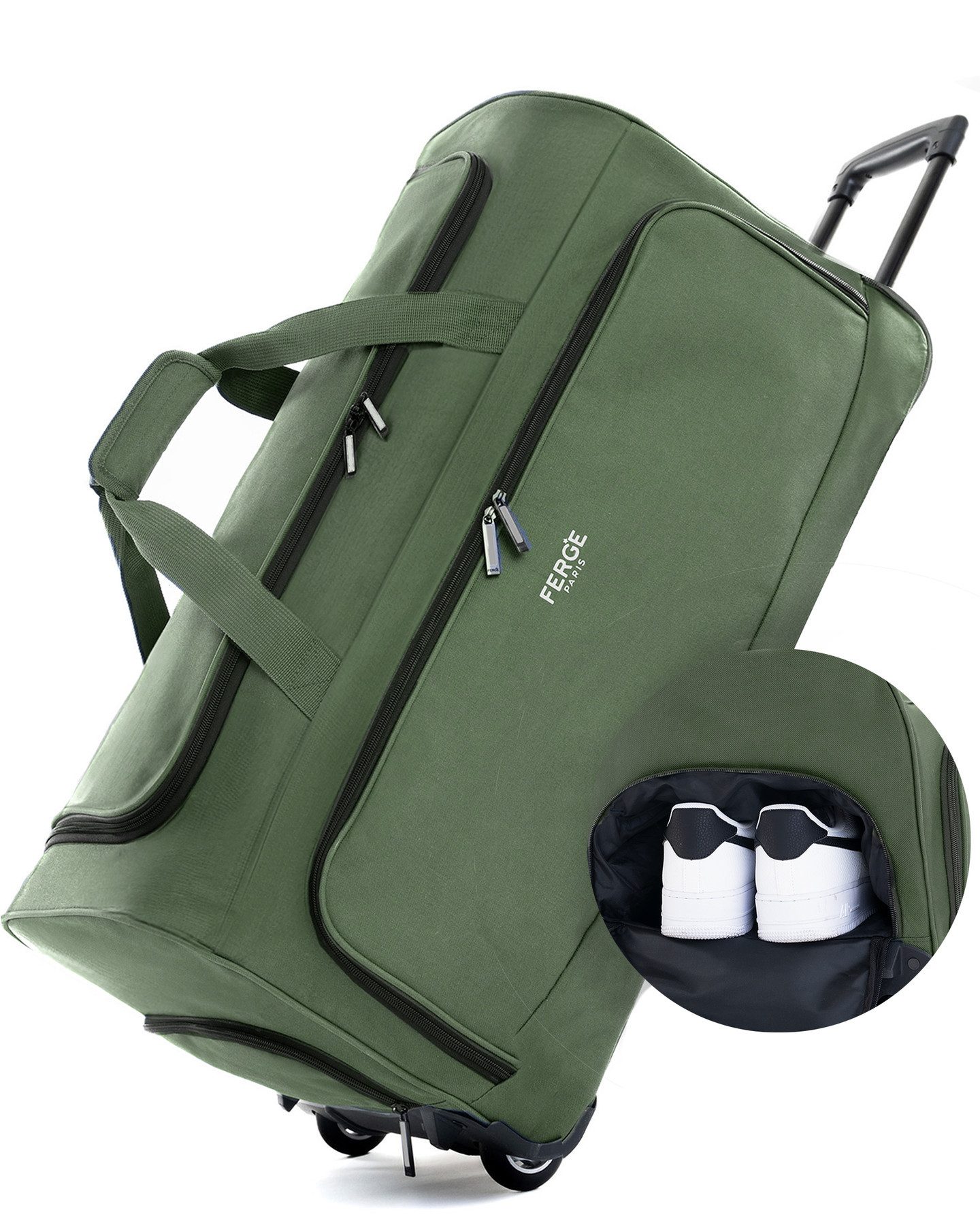 FERGÉ Reisetasche wasserabweisend Reisetasche mit Rollen groß Paris, Reisetasche mit Rollen und extra Schuhfach, Reisegepäck olive
