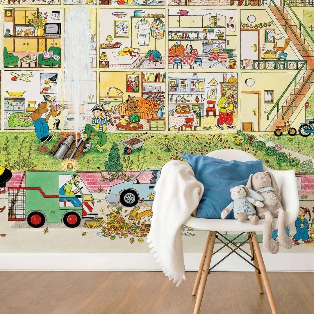 Wimmelbuch Verlag Fototapete XXL Fototapete Kinderzimmer große Tapete Wimmel Familie zu Hause Garten im Herbst, Mehrfamilienhaus Vliestapete