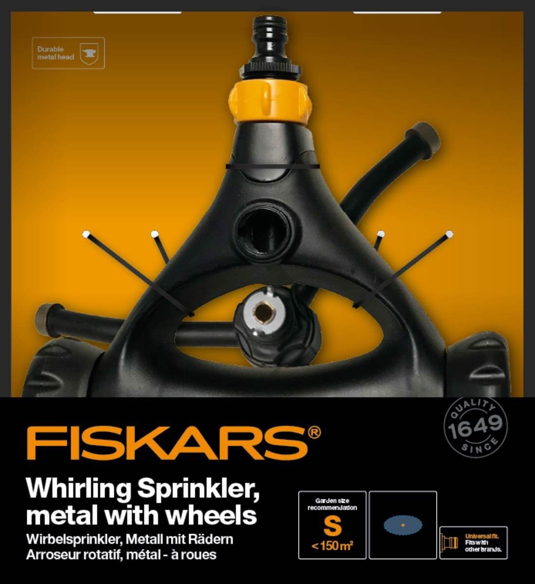 Fiskars Bewässerungssystem Wirbel-Sprinkler mit Rädern für kleine Gärten & Rasenflächen bis 150 m, (Set, Mit einem robusten Metallkopf ausgestattet), Sanfte Bewässerung, Schwarz/Orange, 840 g schwer
