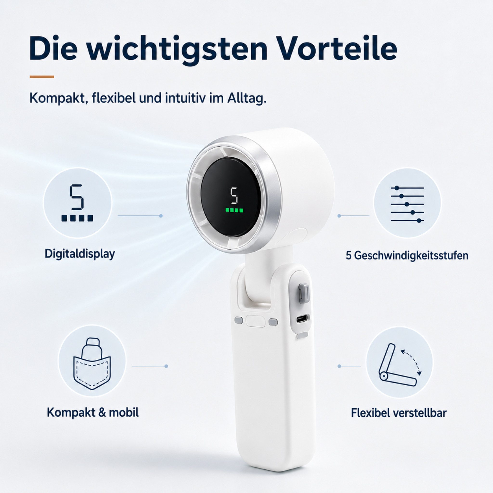 HS.SUPPLY Handventilator Mini Handventilator 3-in-1 mit Display, USB-C, 5 Stufen, 3-in-1 Hand-, Tisch- und Umhängeventilator mit Digitaldisplay