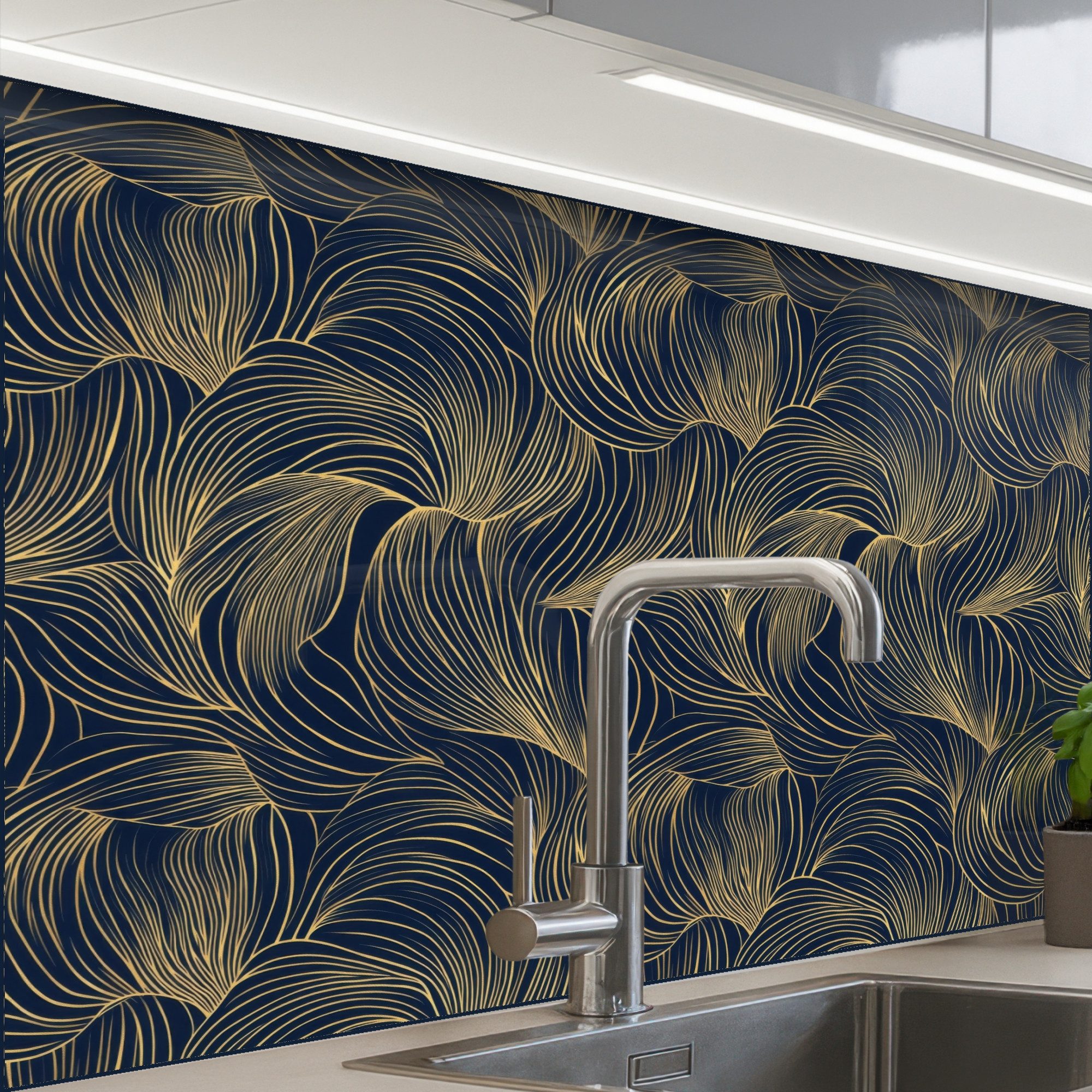KitchenYeah Küchenrückwand Muster selbstklebend (keine Folie) Abstrakt - Linien - Blau - Gold, (1-tlg), Spritzschutz, Küche, Rückwand, Küchenwand, Küchenfront, 30x20 cm