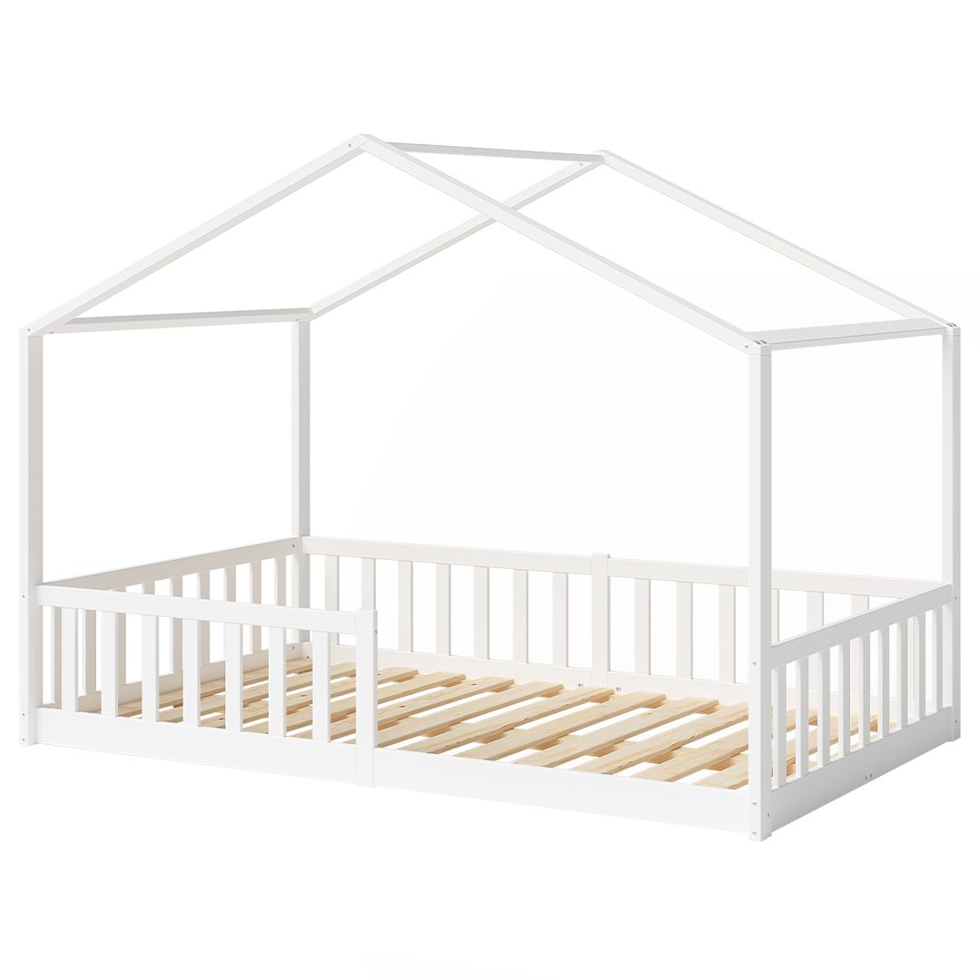 Bellabino Hausbett Bia mit Lattenrost (weiß, optional mit Matratze), Bodenbett mit Rausfallschutz, verfügbar in 80x160 & 90/120/140x200 cm