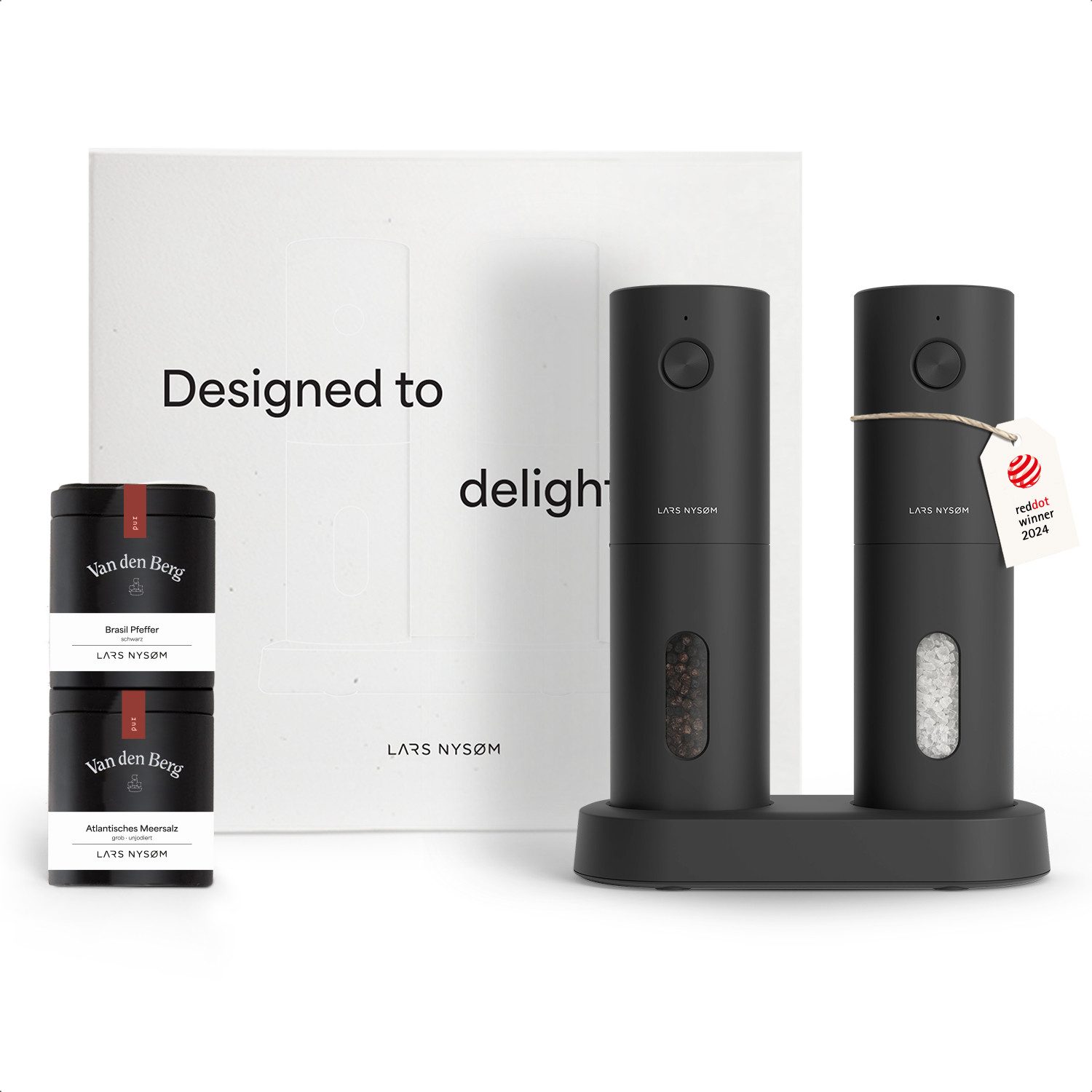 LARS NYSØM Gewürzmühle Spænding praktische Einhandbedienung per Drucktaste, (2 Stück), hochweritges Geschenkset mit elektrischen Gewürzmühlen