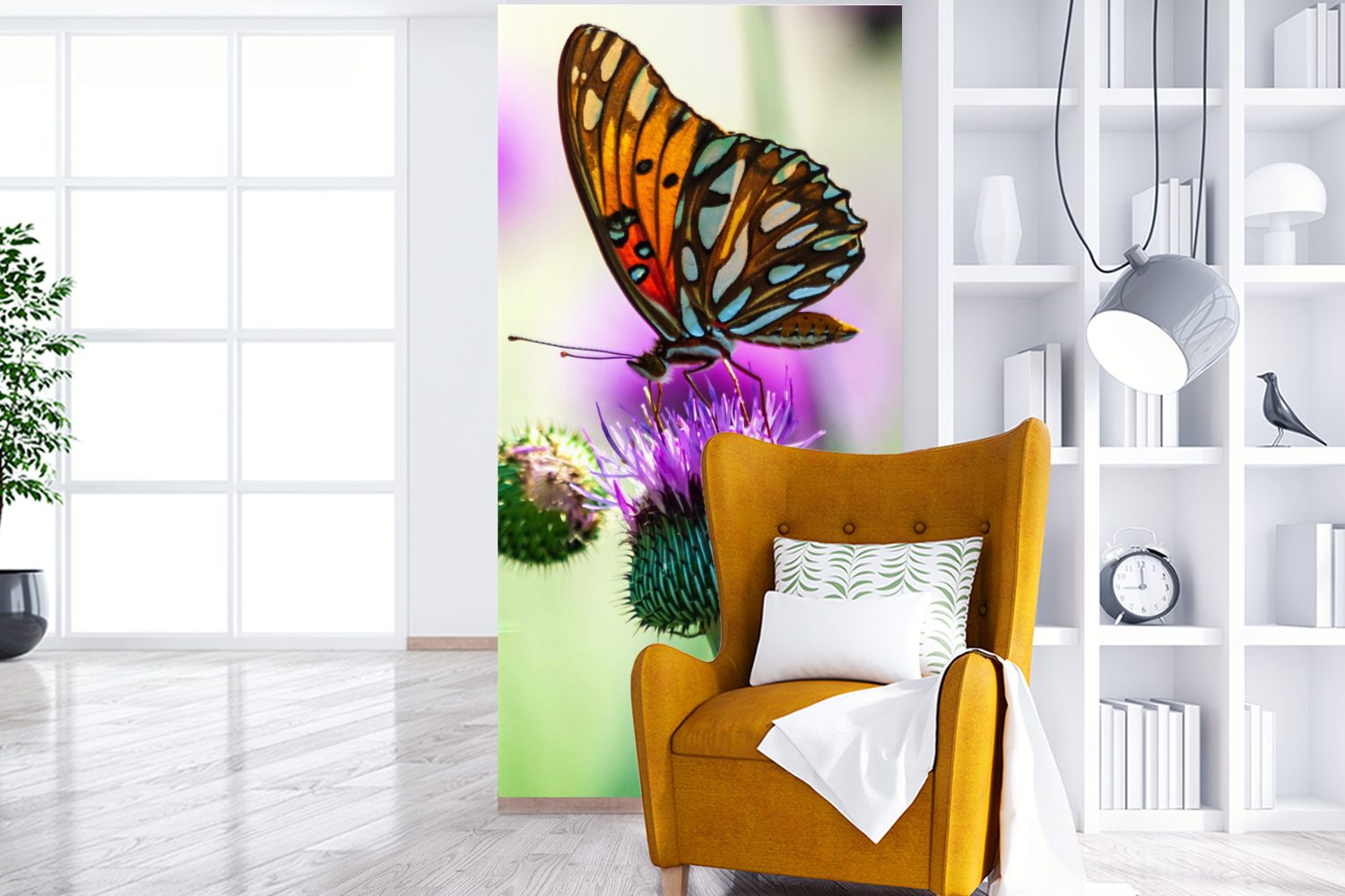 Schmetterling Küche, Wohnzimmer Blumen (2 - MuchoWow Vliestapete Fototapete Matt, St), Schlafzimmer - Insekten, für Fototapete bedruckt,
