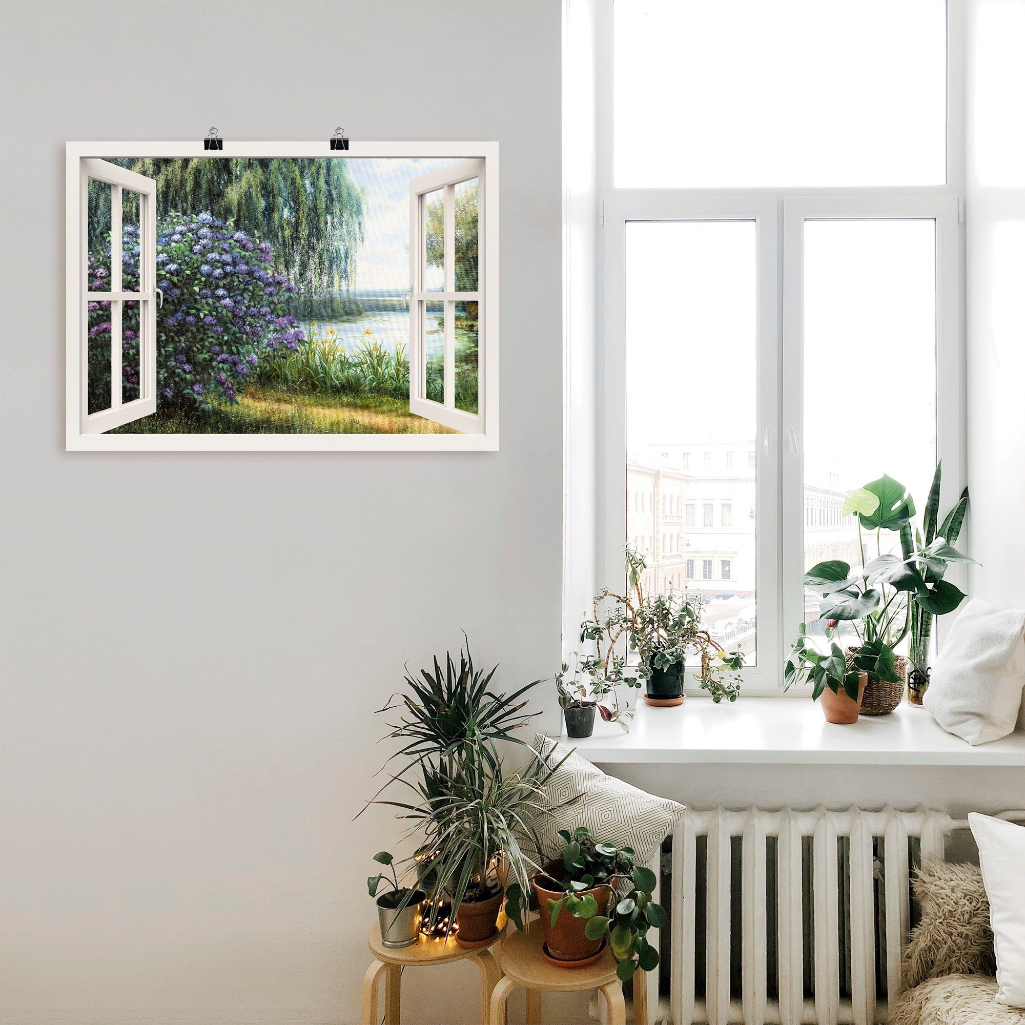 Größen Wandaufkleber Poster oder Artland Fensterblick in (1 Wandbild am St), Hortensien als versch. See, Leinwandbild,