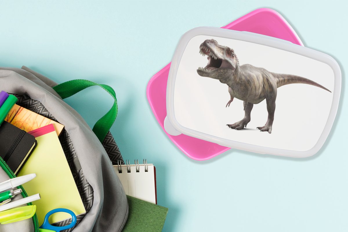 Kids für rosa Lunchbox - Brotdose Kunststoff Dinosaurier MuchoWow - - Erwachsene, Kinder, Mädchen, (2-tlg), - - Brotbox Kinder Snackbox, Tyrannosaurus Kinder, Kunststoff, Vorgeschichte