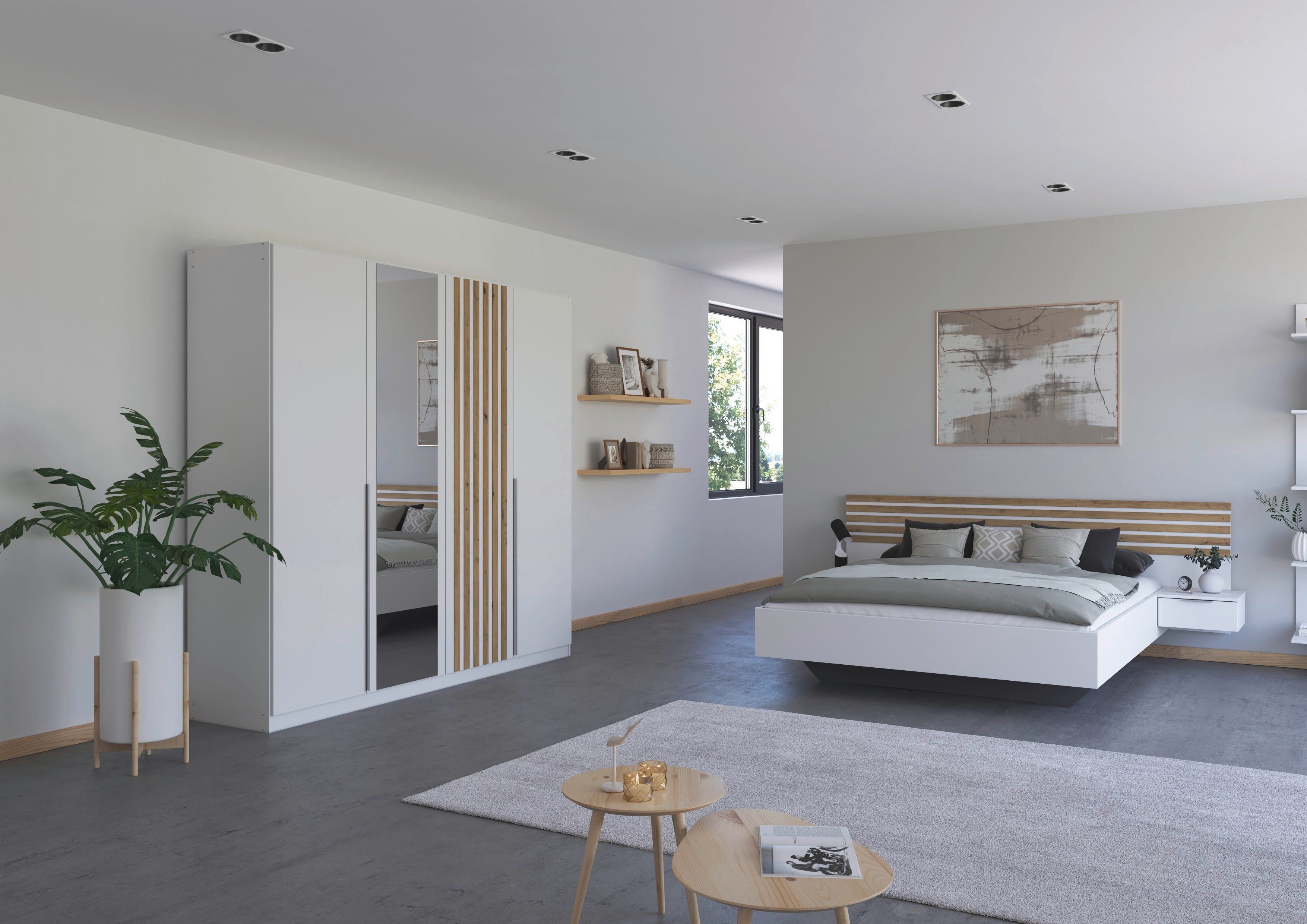 rauch Schlafzimmer-Set Komplettzimmer Komplett Set Schrank 226 cm Bett 160/180 cm LAMELLA, (Set, 4-tlg., 3 verschiedene Ausstattungen BASIC/CLASSIC/PREMIUM (inkl. SOFT-CLOSE), elegante Lamellen-Auflage in 3D Akustikpaneel Optik MADE IN GERMANY