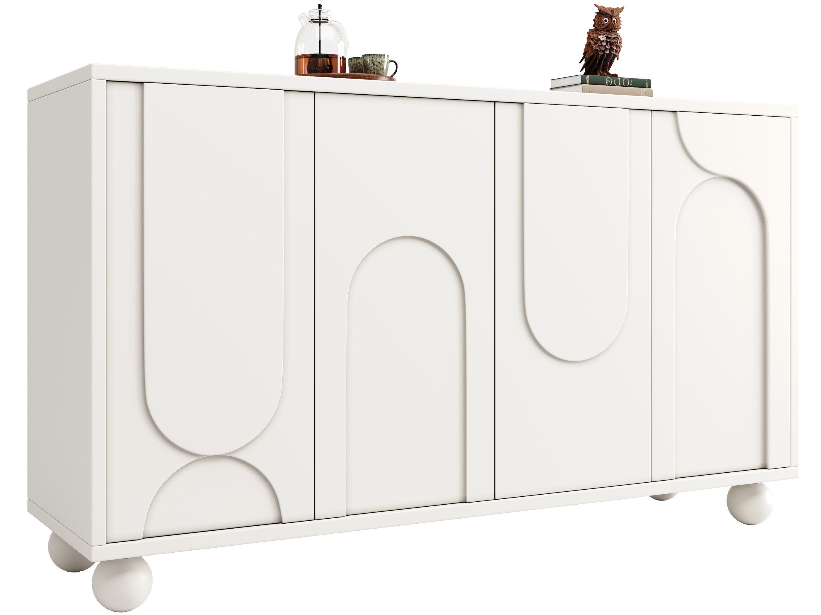 SeedWave Sideboard Allzweckschrank Grifflose Kommode Stauschrank mit Bogenförmigem Design, Verstellbare Einlegenböden, Rückprallstellsetzung, Kugelfüßen