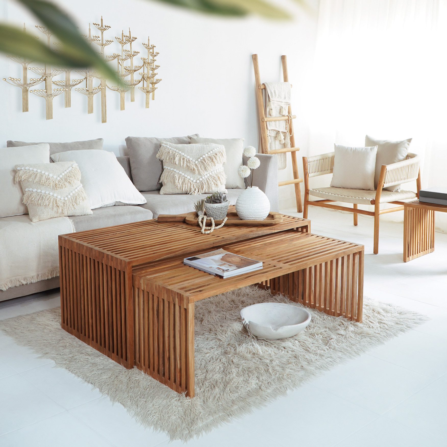 More2Home Couchtisch Set 2-teilig LINEA, Teakholz massiv