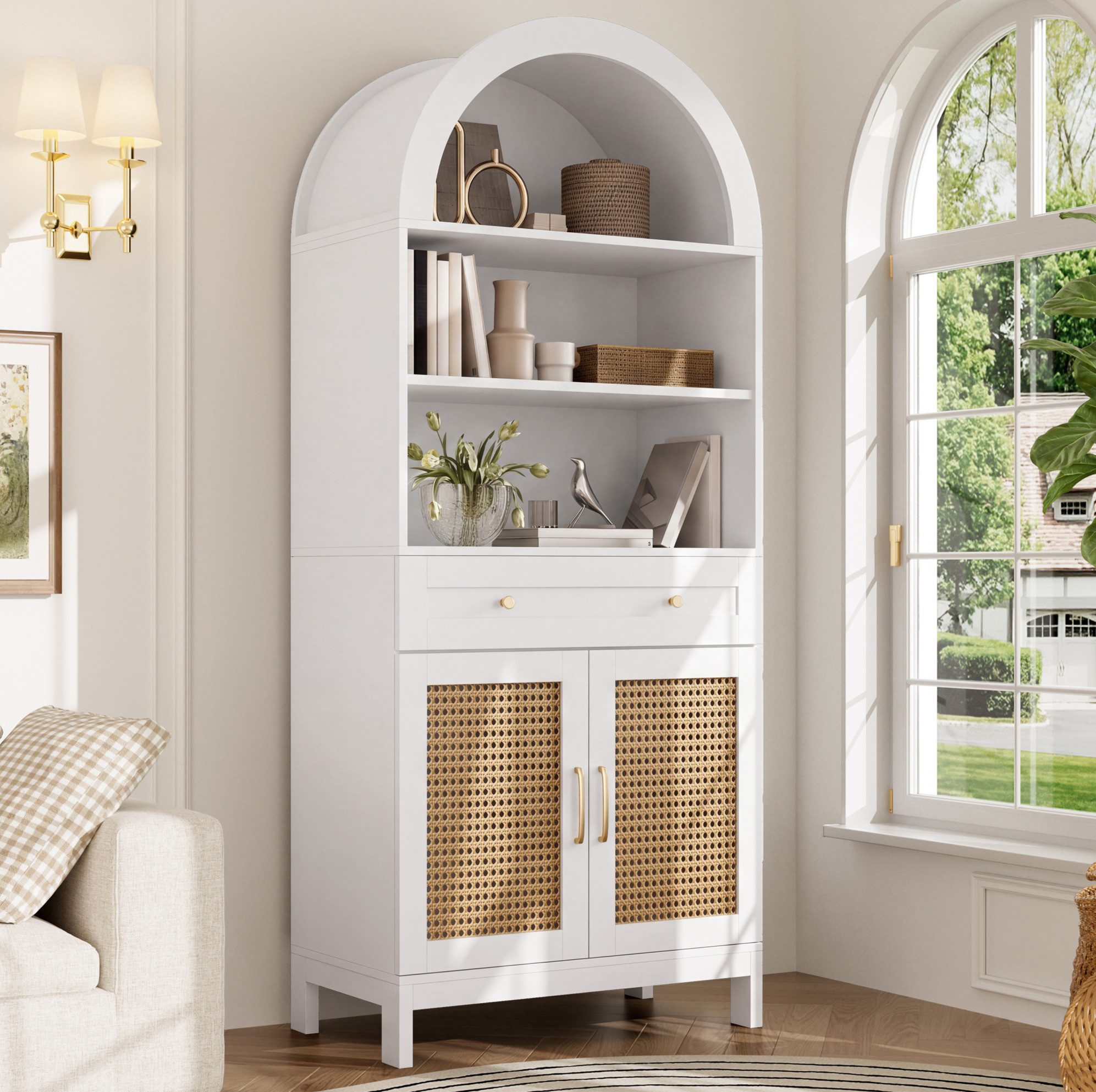 REDOM Stauraumvitrine Aufbewahrungsschrank mit Boho-Rattan-Türen und offenen Fächern (Packung, 1-St., viel Stauraum, stabil, praktisch) Weiß+Natur, 70x40x170 cm, 1 Schublade