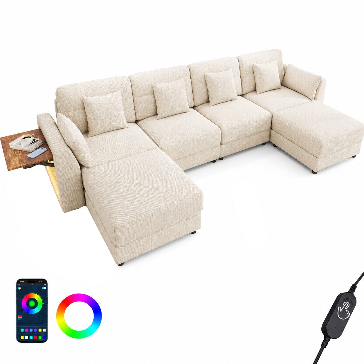 Merax Ecksofa U-Form/L-Form Sofa mit LED-Beleuchtung, Chenille, 292x135x82 cm 1 Teile, 6-Sitzer-Sofa mit 2 Hockern, klappbarem Armlehnen-Tisch & 6 Kissen