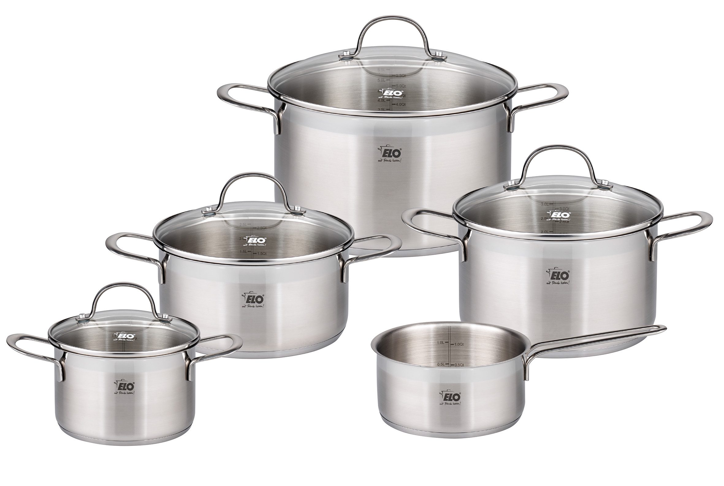 Elo Topf-Set Top Collection, Edelstahl 18/10 (Set, 9-tlg., je 1 Fleischtopf 16/20/24 cm, Bratentopf 20 cm, Stielkasserolle 16 cm), Induktion