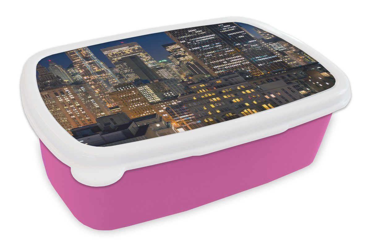 MuchoWow Lunchbox New York - USA - Nacht, Kunststoff, (2-tlg), Brotbox für Erwachsene, Brotdose Kinder, Snackbox, Mädchen, Kunststoff rosa