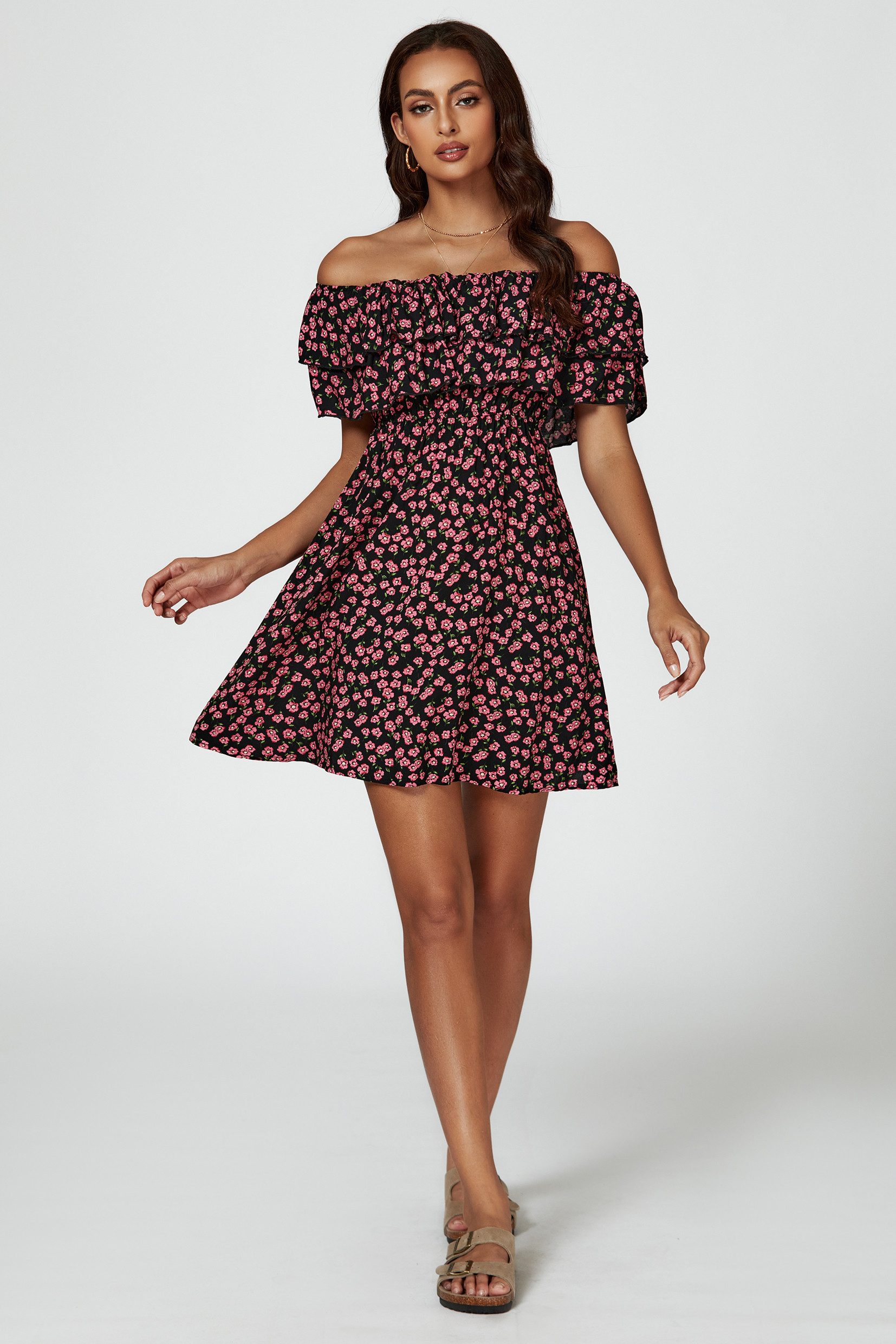 FS Collection Minikleid Damen Minikleid Bardotkleid Sommerkleid Partykleid Off Shoulder (XS (EU:36 / UK:8) · S (EU:38 / UK:10) · M (EU:40 / UK:12) · L (EU:42 / UK:14) · XL (EU:44 / UK:16), 4 Farben: Staubblau, Schwarz-Gelb, Schwarz-Rosa und Rot) Schwarz-Gelb/-Rosa 100% Viskose, Blau/Rot 100% Polyester
