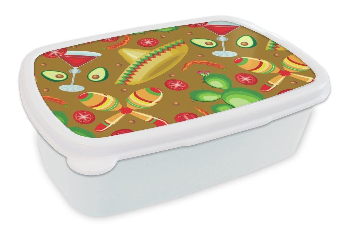 MuchoWow Lunchbox Mexiko - Sombrero - Muster, Kunststoff, (2-tlg), Brotbox für Kinder und Erwachsene, Brotdose, für Jungs und Mädchen weiß