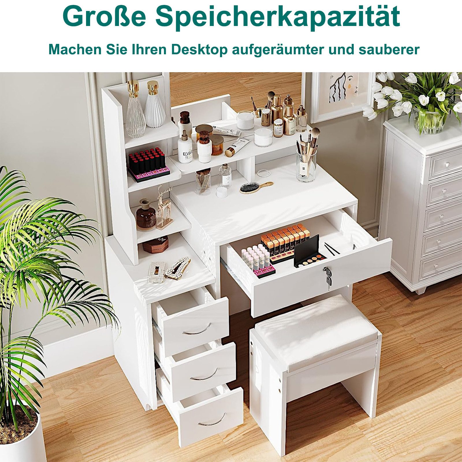 OUNUO Schminktisch Frisiertisch mit Spiegel Hocker und 4 Schubladen Kosmeti günstig online kaufen