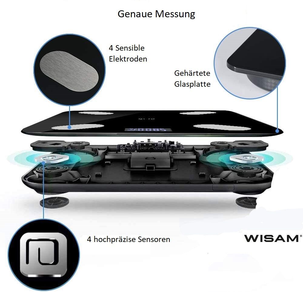 Wisam Körper-Analyse-Waage Wisam® B2017 Smart App Digital Personenwaage BMI Bluetooth iOS Android
