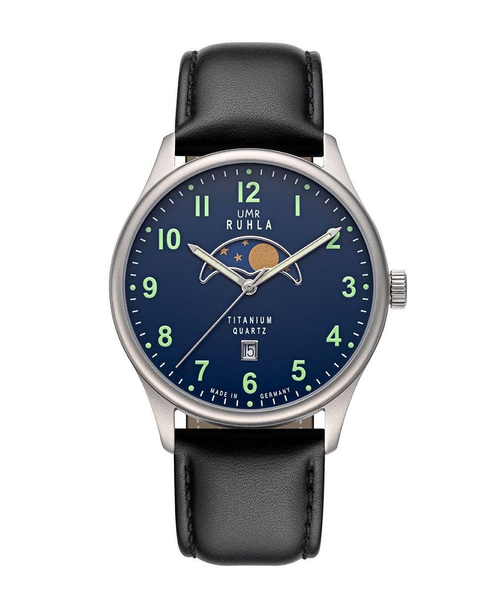 UMR Ruhla Quarzuhr Mondphase Herrenuhr 20912 41,5 mm Lederband Schwarz Made in Germany