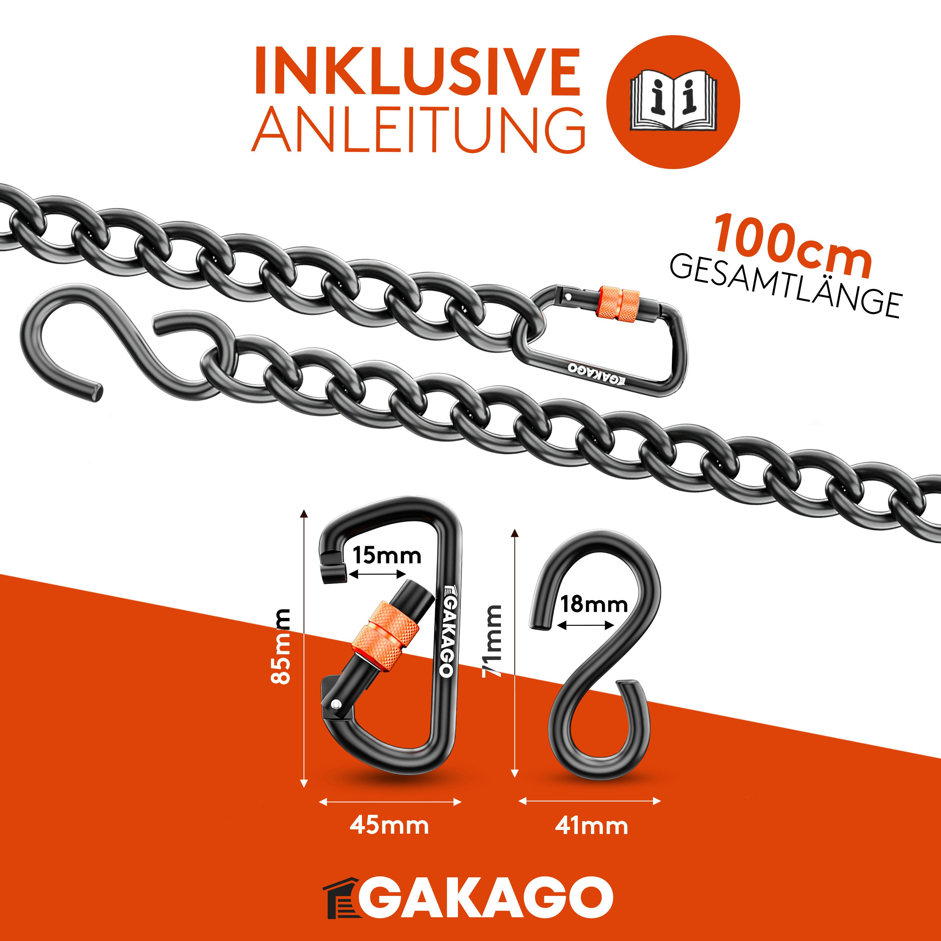 Gakago Deckenhaken Verlängerungskette, als Hängesessel Kette, Schaukel Verlängerung, Boxsack Halterung, (Extra Starke Stahlkette mit S-Haken, Drehwirbel und Kar – Bild 4 von 5