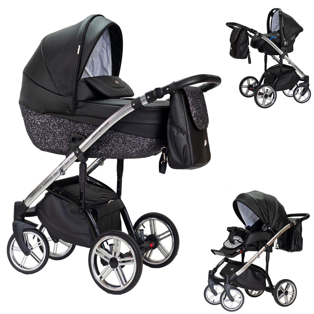 babies-on-wheels Kombi-Kinderwagen 3 in 1 Kinderwagen-Set Vip Lux - 12 Teile - in 16 Farben Schwarz-Dekor