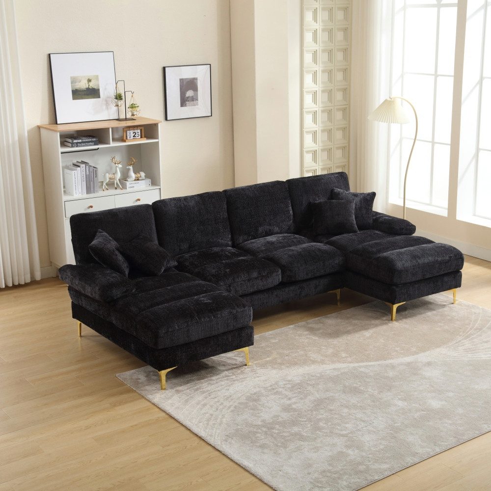 BBG Loungesofa Modernes U-förmiges Ecksofa mit Chenille-Bezug, 4-Sitzer, Wohnlandschaft mit 2 Liegeflächen, Couch mit Kissen & Metallfüßen, Großes Sofa für Wohnzimmer, Apartment, Büro