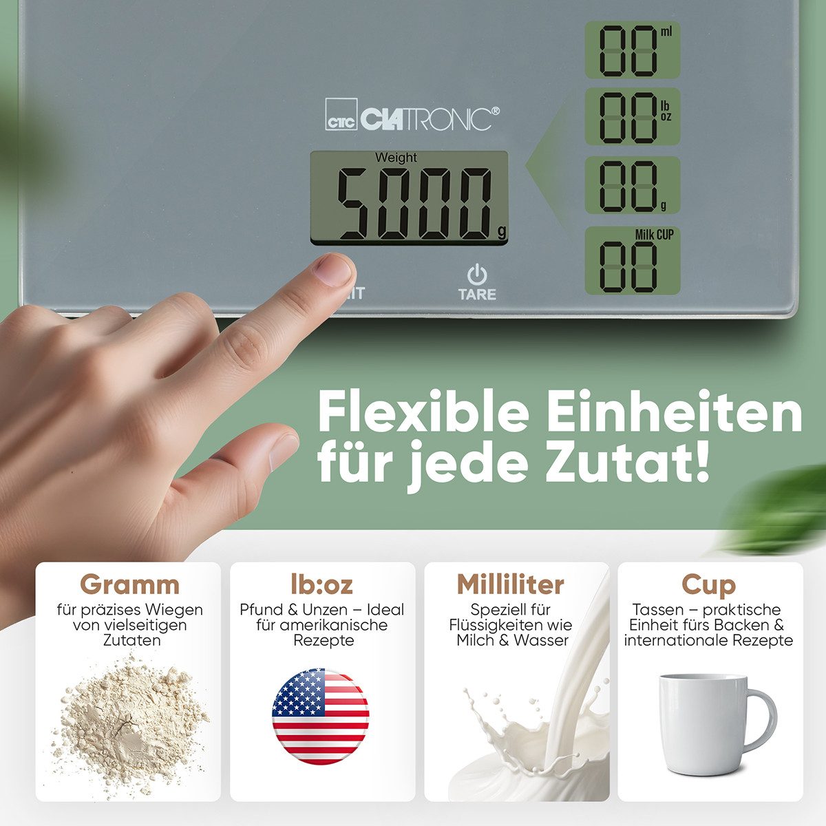 CLATRONIC Küchenwaage KW 3820, Küchenwaage, 1g Schritte, Zuwiegefunktion