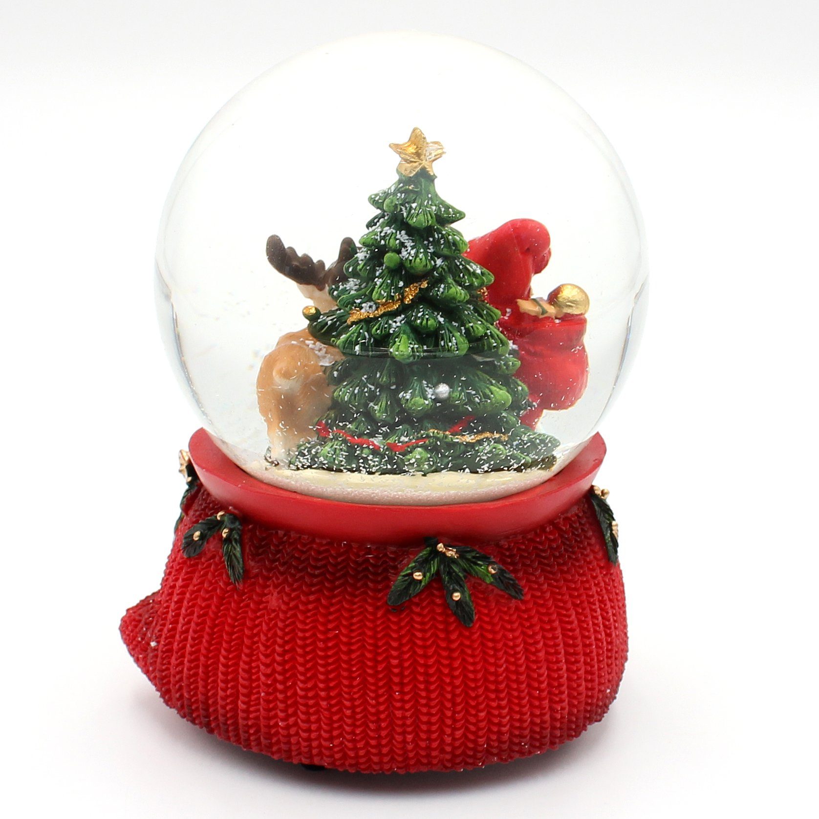 St) Reh mit Schneekugel Tannenbaum, Weihnachtsmann Große und mit Sound, (1 Dekohelden24 Schneekugel,
