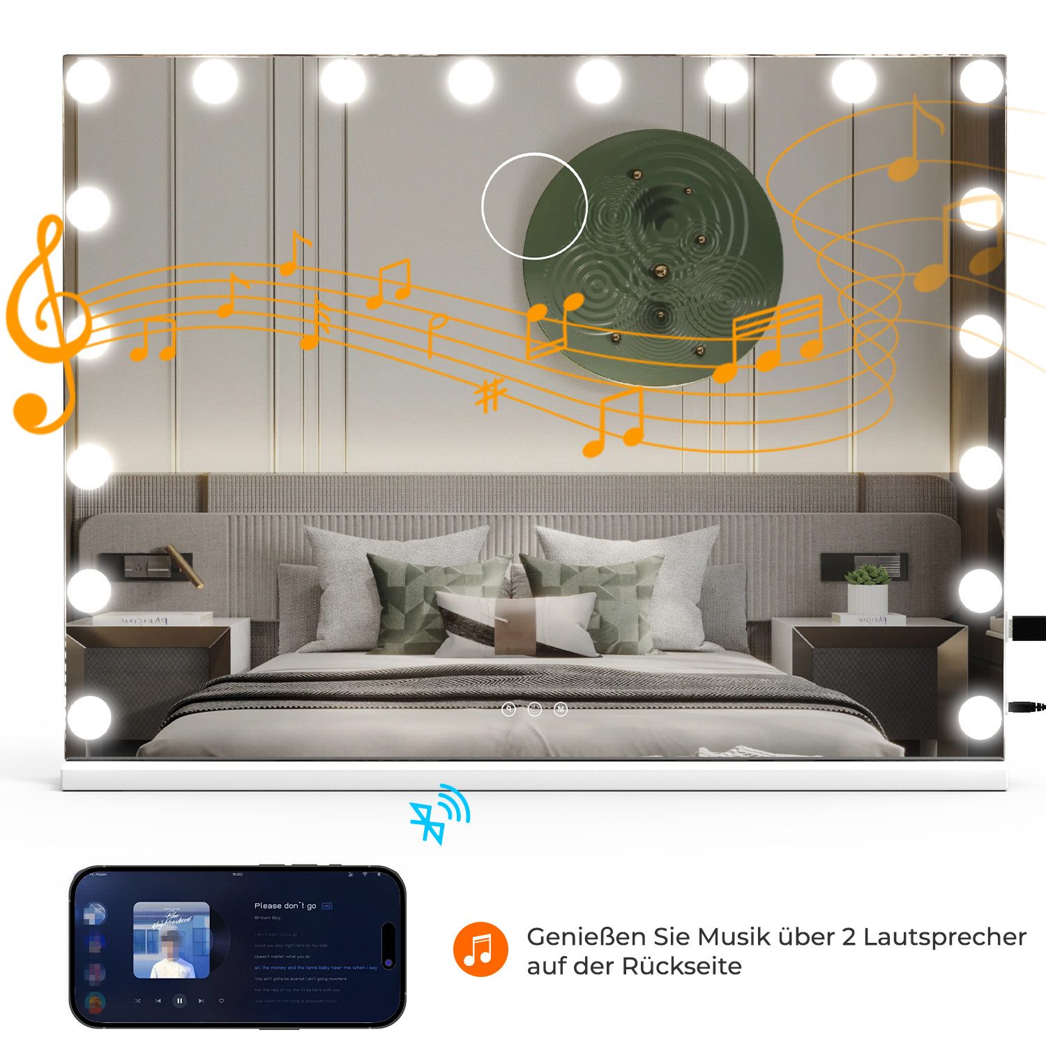 oyajia Schminkspiegel Bluetooth Hollywood Spiegel, Schminkspiegel mit Beleuchtung und USB (3-farbig einstellbares Licht mit Memory-Funktion, 1-St., Mit Musiklautsprecher, Touchscreen), Schminkspiegel mit 15/18 LED-Leuchten, stufenlos dimmbar