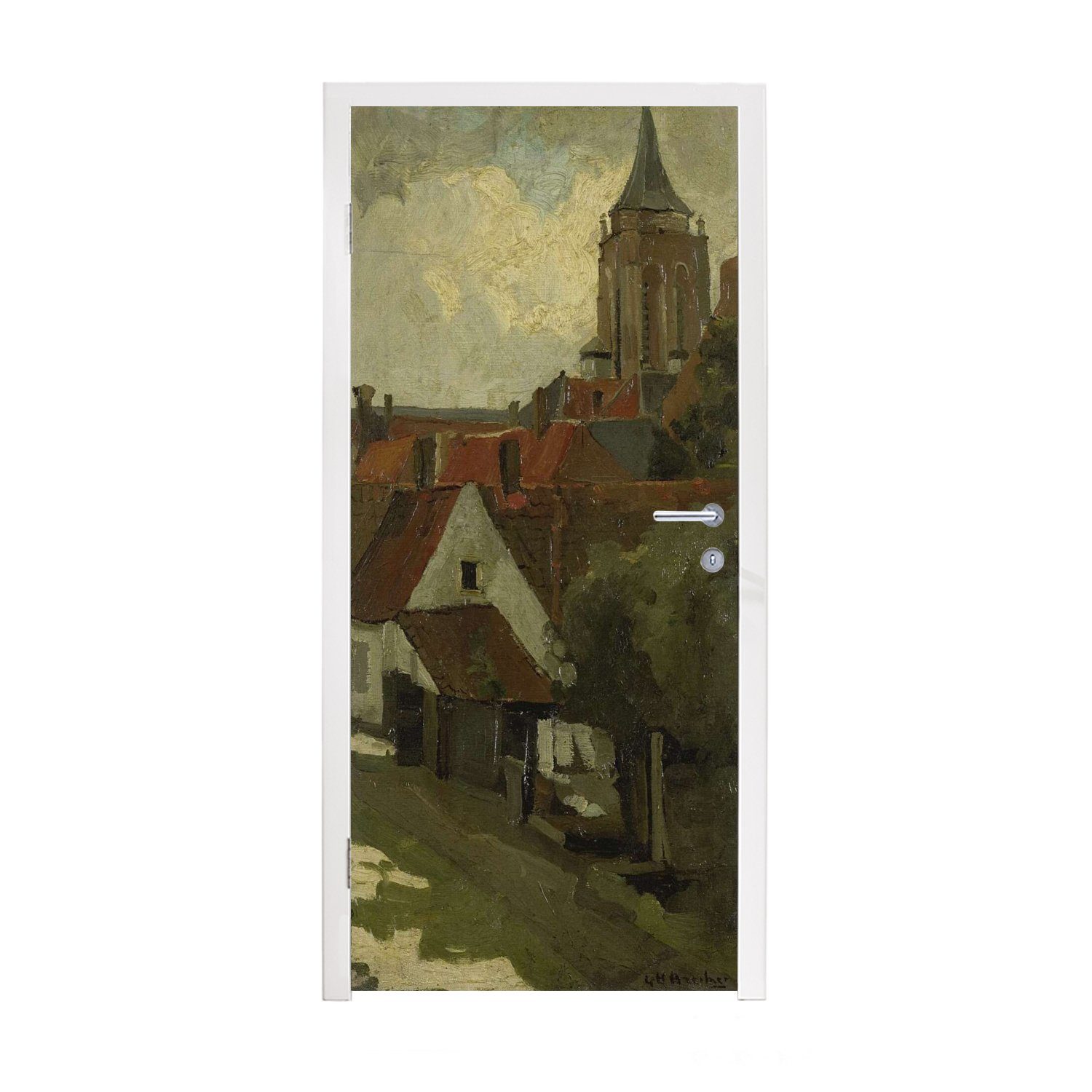 MuchoWow Türtapete Der Turm von Gorkum - Gemälde von George Hendrik Breitner, Matt, bedruckt, (1 St), Fototapete für Tür, Türaufkleber, 75x205 cm
