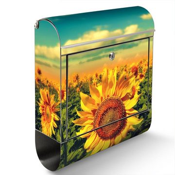 banjado Wandbriefkasten Edelstahl Sonnenblumen (Wandbriefkasten groß, mit Zeitungsfach), 38 x 42,5 x12cm