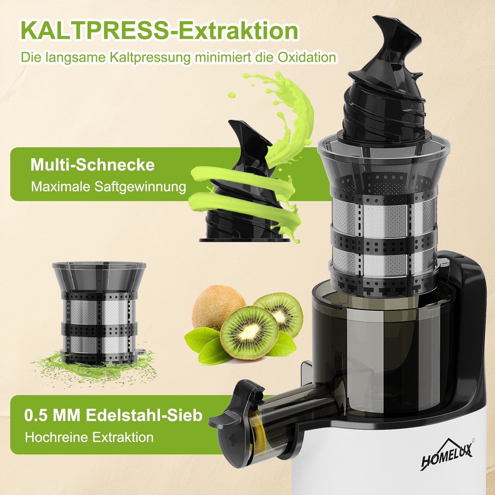 HOMELUX Slow Juicer Kleiner Entsafter Sicherheitsverriegelung, Mini, kompakt, 120 W, Geräuscharm, mit Easy-Clean Konzept, 120 W