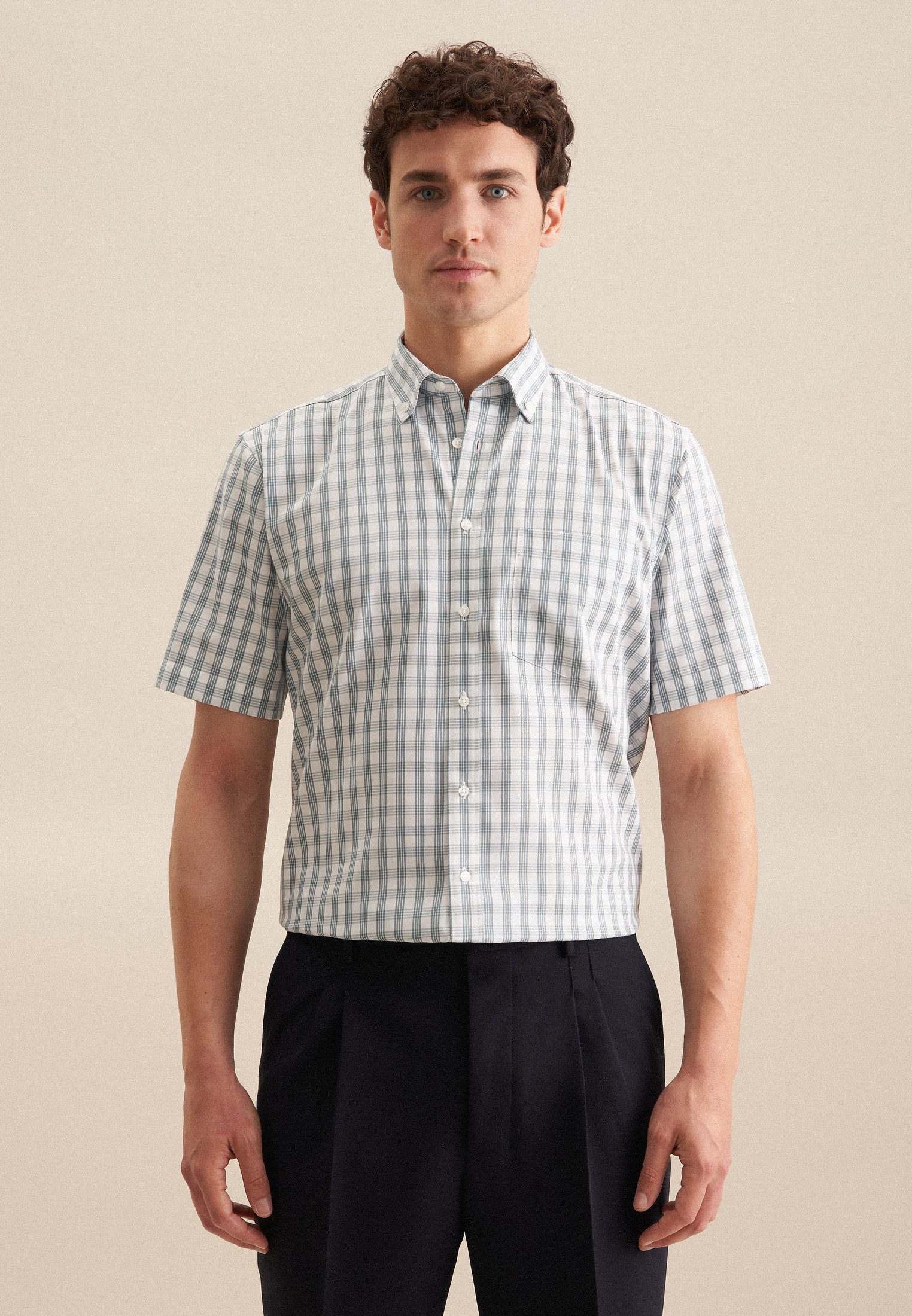 seidensticker Businesshemd Regular Regular 1/2 Button-Down-Kragen Karo