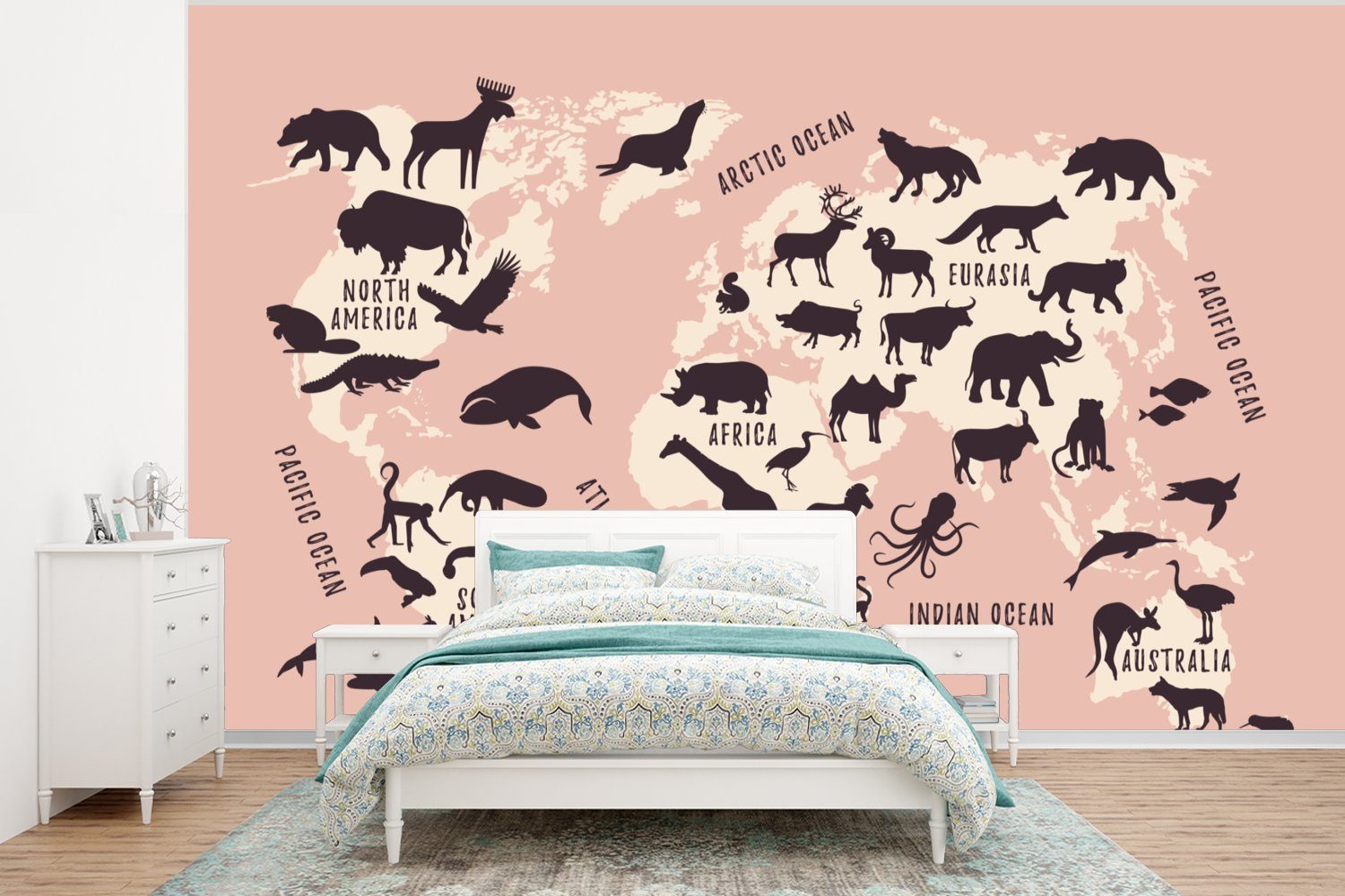 MuchoWow Fototapete Weltkarte - Tiere - Rosa, Matt, bedruckt, (6 St), Wallpaper für Wohnzimmer, Schlafzimmer, Kinderzimmer, Vinyl Tapete