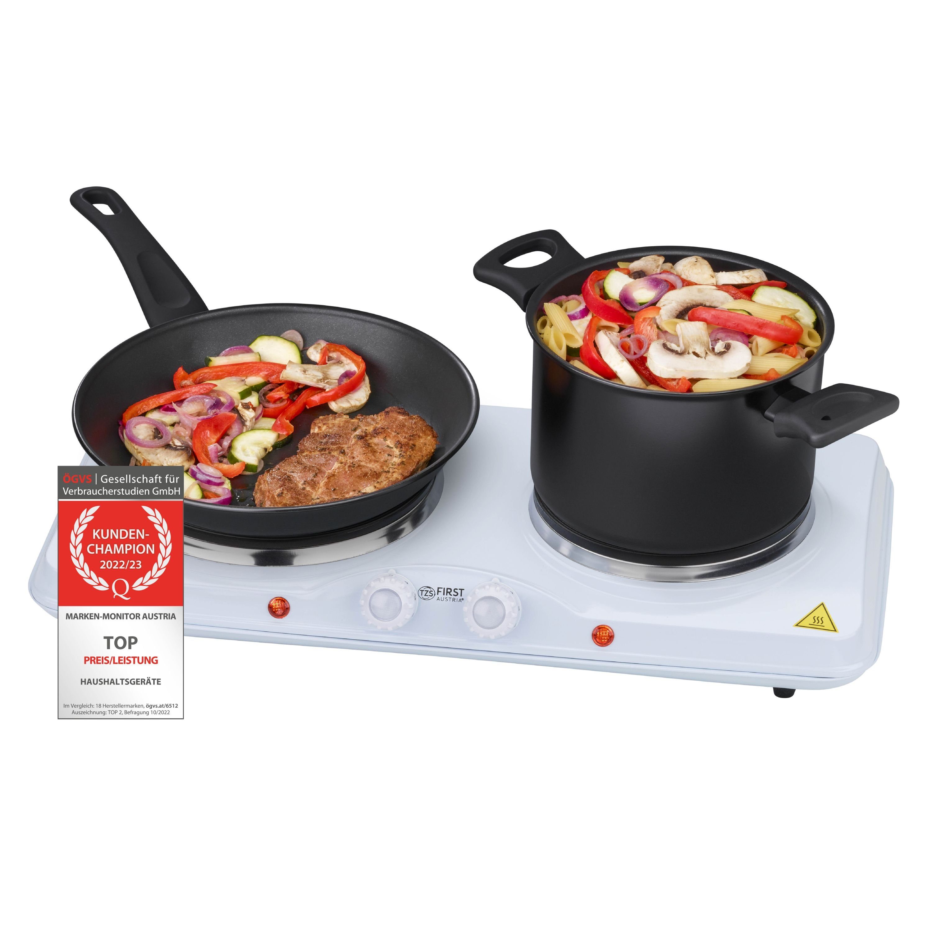 TZS FIRST AUSTRIA Doppelkochplatte Kochplatte 2500W, Gusseisen, Herdplatte für Zuhause, Camping, Reisen, Präzise Temperaturregelung: Thermostate bis 400°C auf beiden Platten.