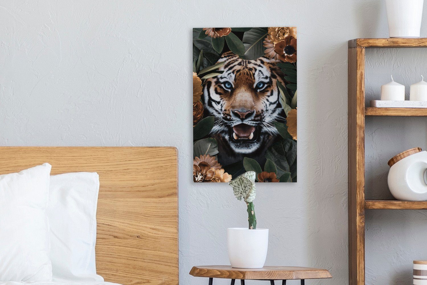 - - Leinwandbild Blume, St), Tiger cm Zackenaufhänger, bespannt Brüllen fertig OneMillionCanvasses® inkl. (1 Leinwandbild 20x30 Gemälde,