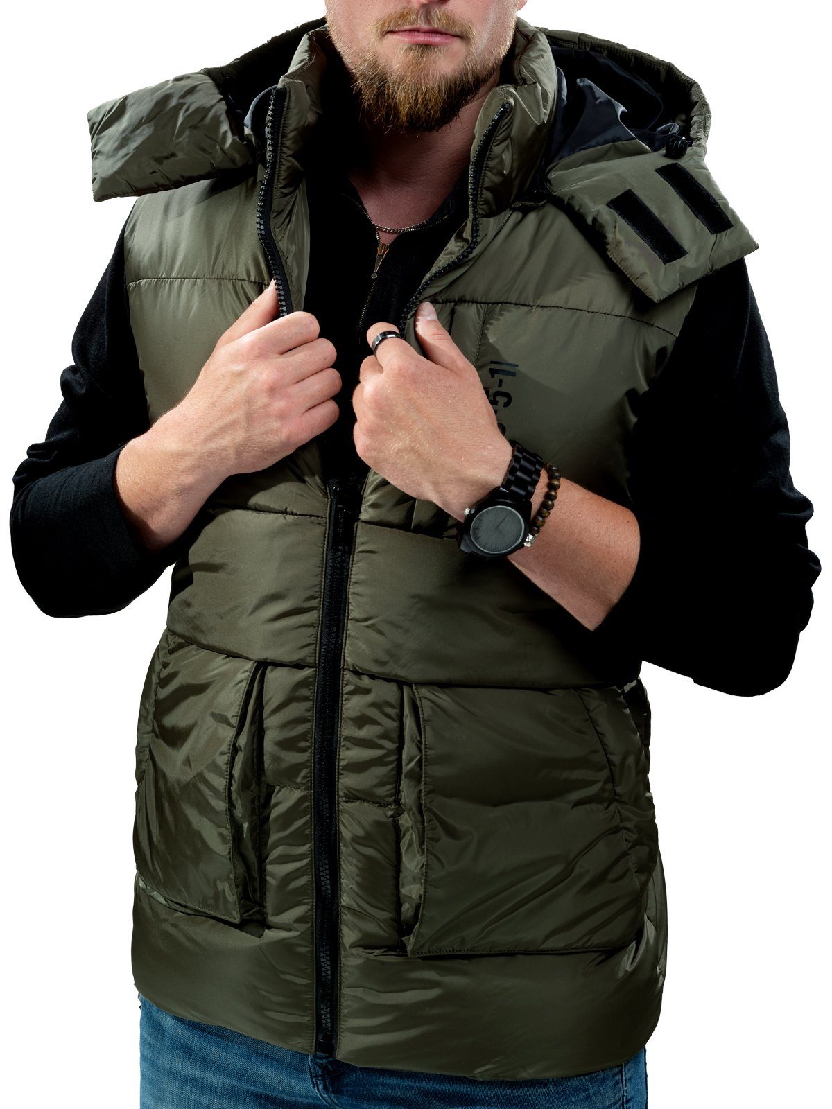 Poolman Steppweste Herren-Steppweste mit abnehmbarer Kapuze in Unifarbe, mit Stehkragen