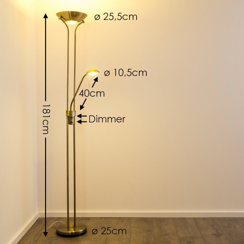 hofstein Deckenfluter »Roppa« dimmbare Stehleuchte aus Metall in Altmessing, 3000 Kelvin, Drehdimmer am Gehäuse, 1600 Lumen,480 Lumen, mit verstellbarem Lesearm – Bild 2 von 5